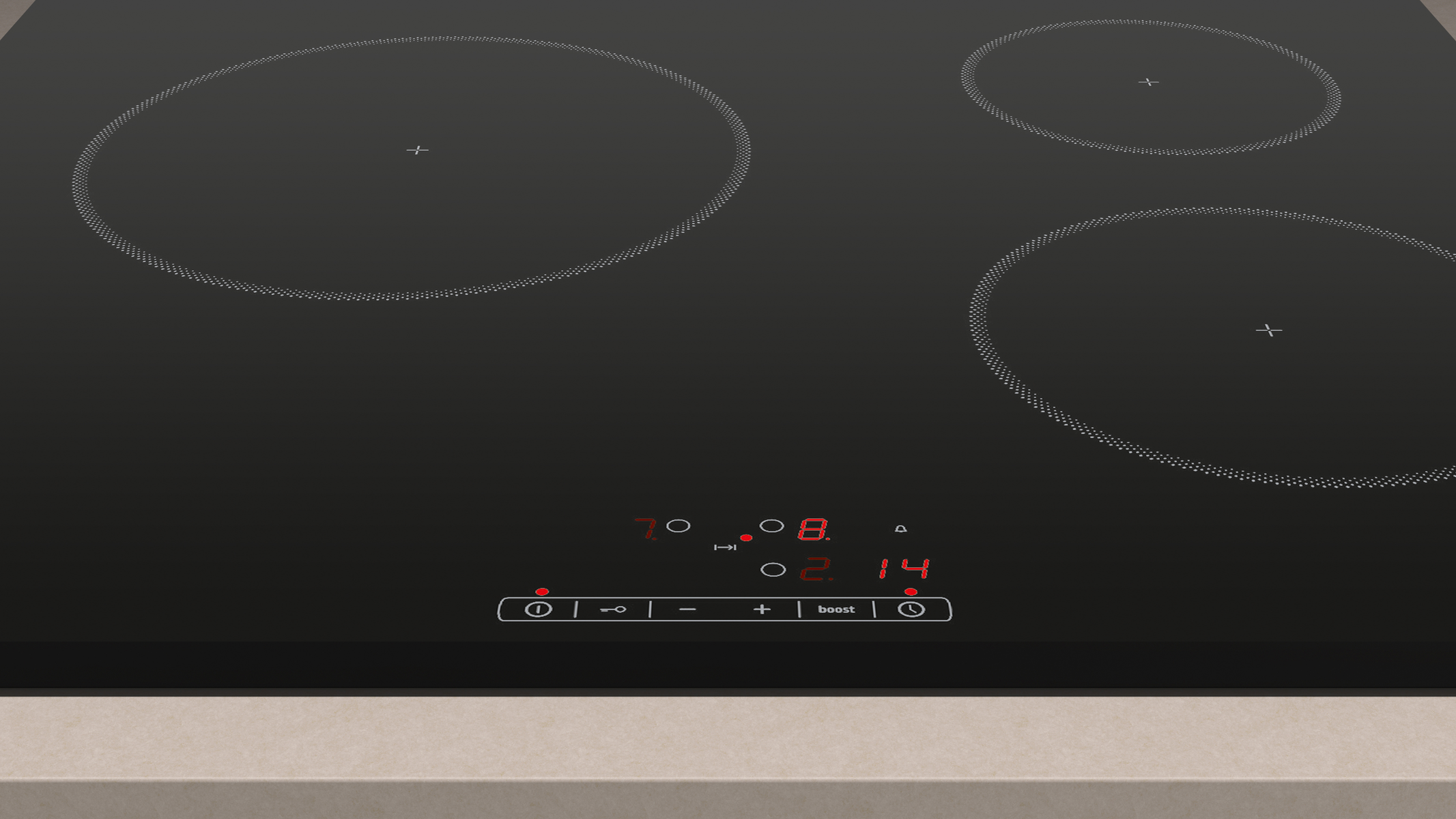 Czarna płyta indukcyjna z trzema strefami gotowania, wyświetlaczem cyfrowym.