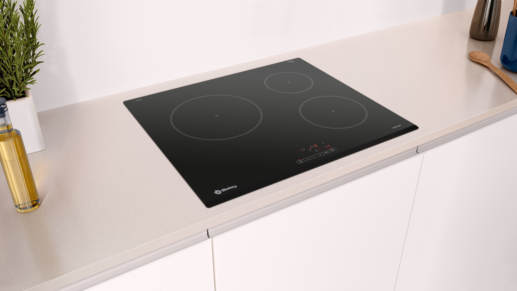 Czarna płyta indukcyjna z trzema strefami gotowania na białym blacie. Płyta jest włączona.