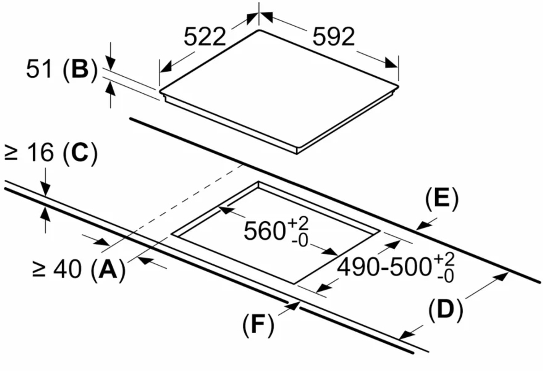 Schemat płyty grzewczej do zabudowy z wymiarami. Białe tło.