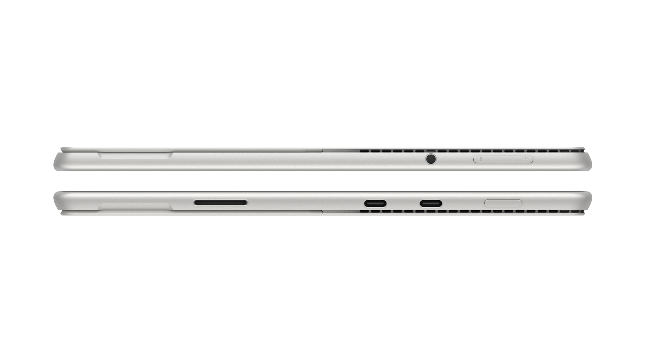 Due tablet, vista laterale, che mostrano porte e pulsanti, sfondo bianco.