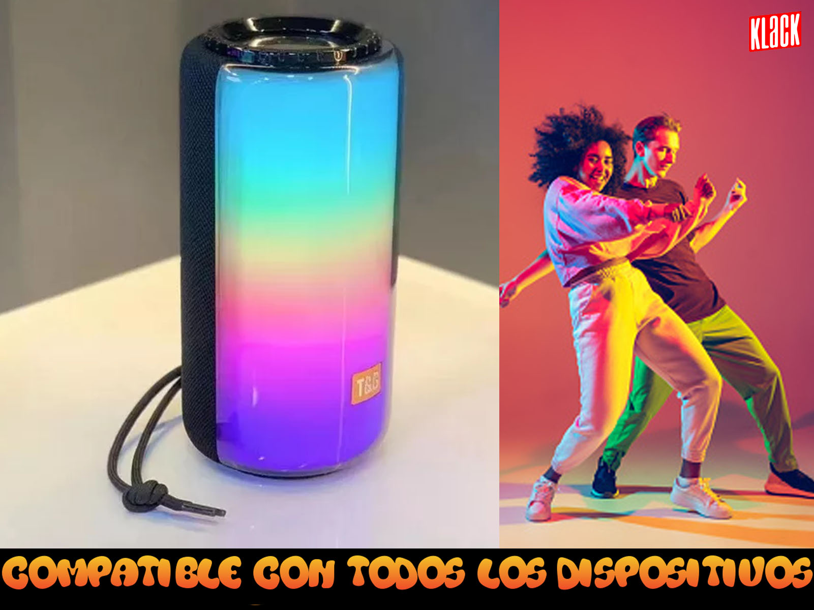 Un altavoz con personas bailando y las palabras "COMPATIBLE CON TODOS LOS DISPOSITIVOS".