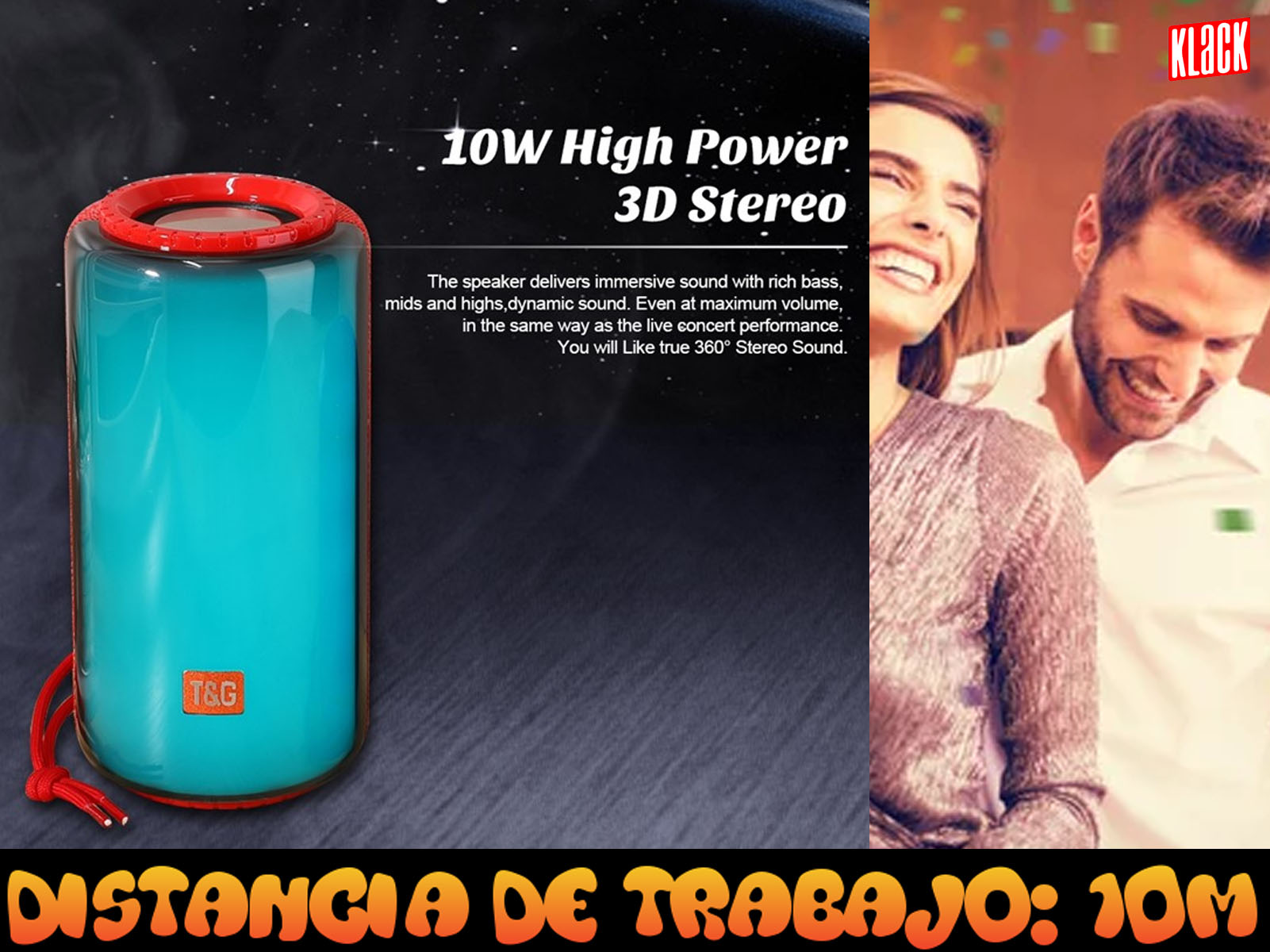 Un altavoz azul con detalles rojos. El texto del altavoz dice T&G. Una pareja está en el fondo.