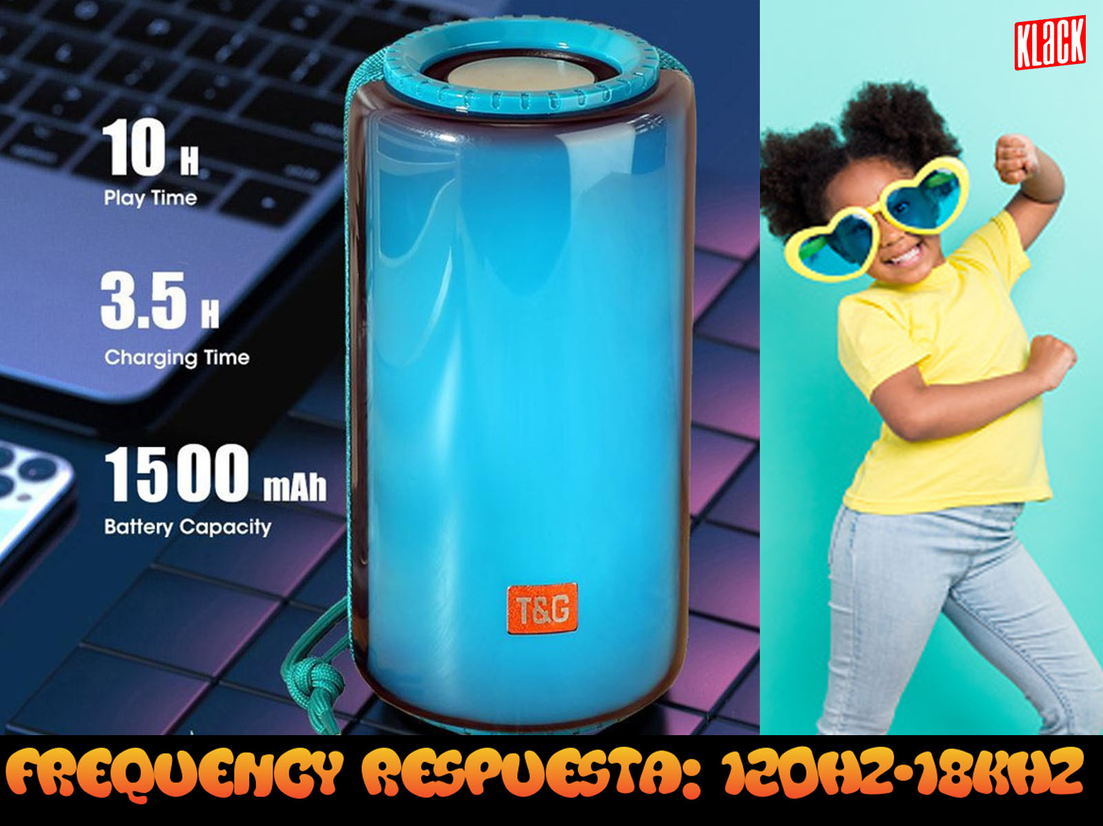 Altavoz azul con texto y una niña con gafas de sol. El altavoz tiene detalles de tiempo de reproducción, tiempo de carga y capacidad de la batería.