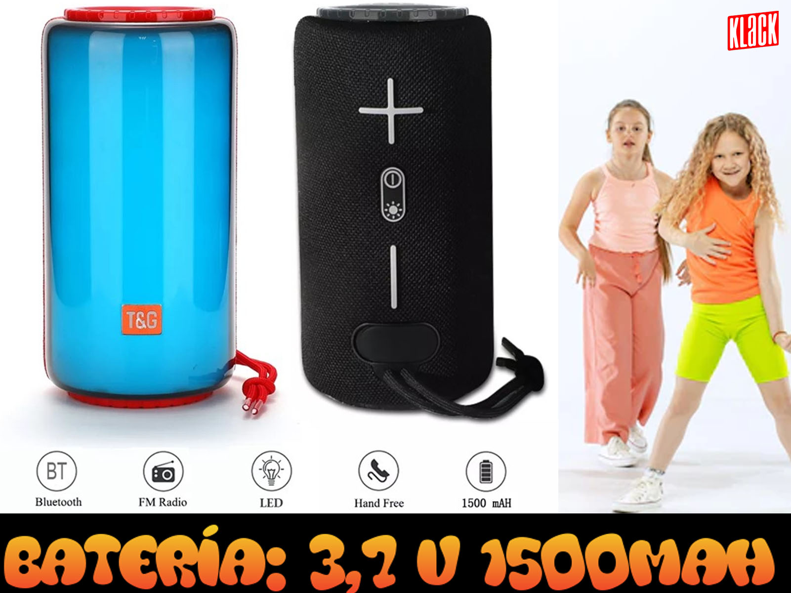 Dos altavoces, uno azul y rojo, uno negro. Dos chicas bailando cerca. Fondo blanco.