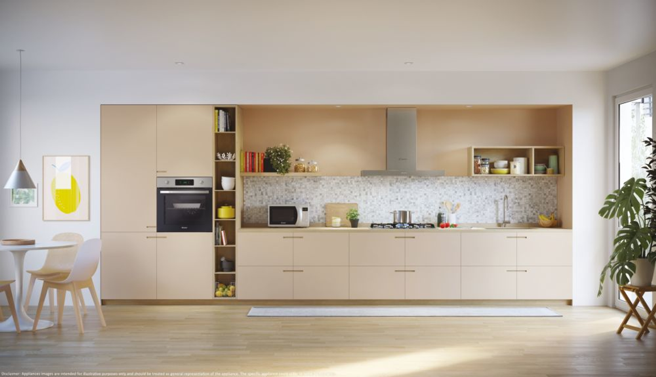 Interior de cocina moderna con gabinetes de madera clara, electrodomésticos y un diseño minimalista limpio.