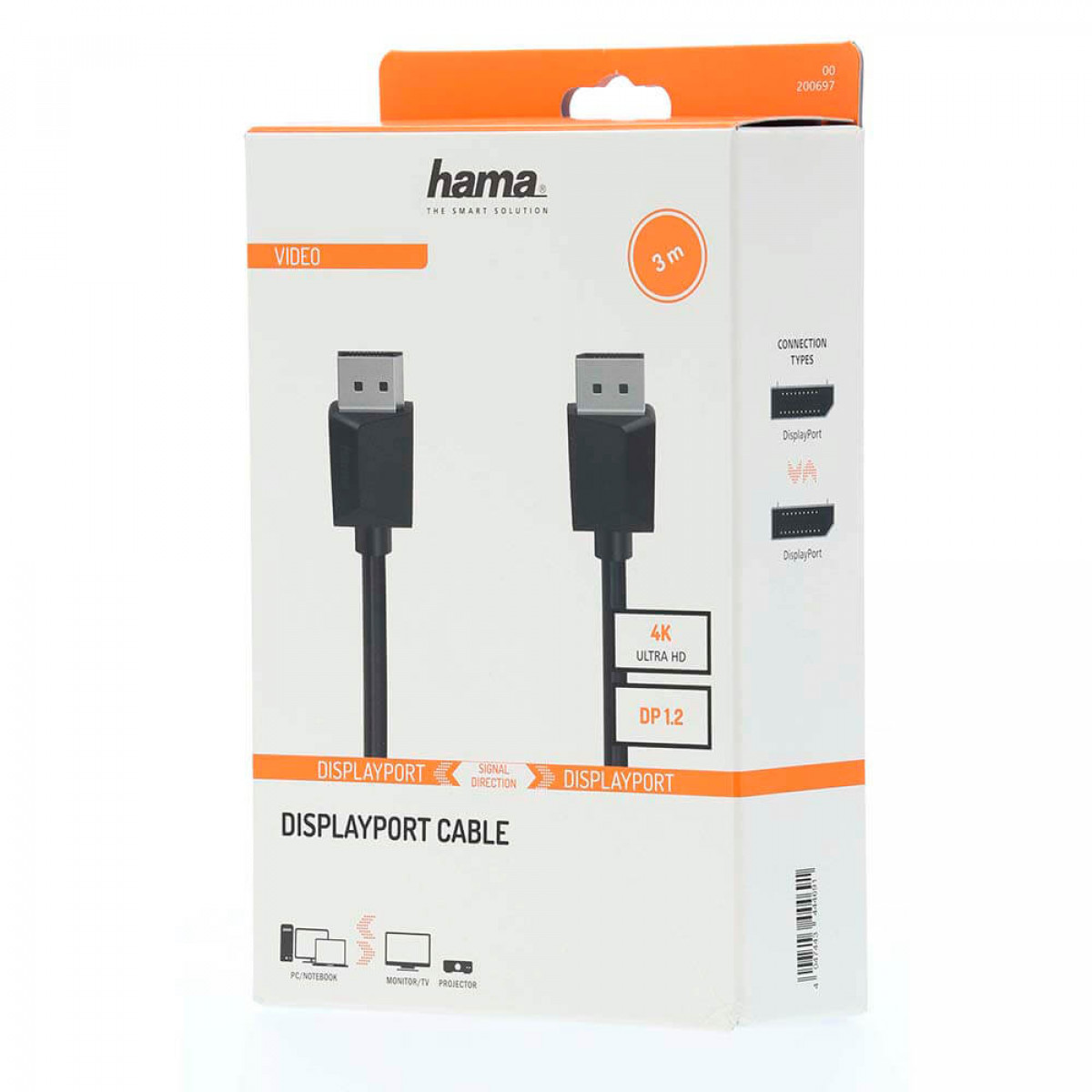 Weiße und orange Hama DisplayPort Kabelbox. Zeigt Kabel und Anschlusstypen mit Text.