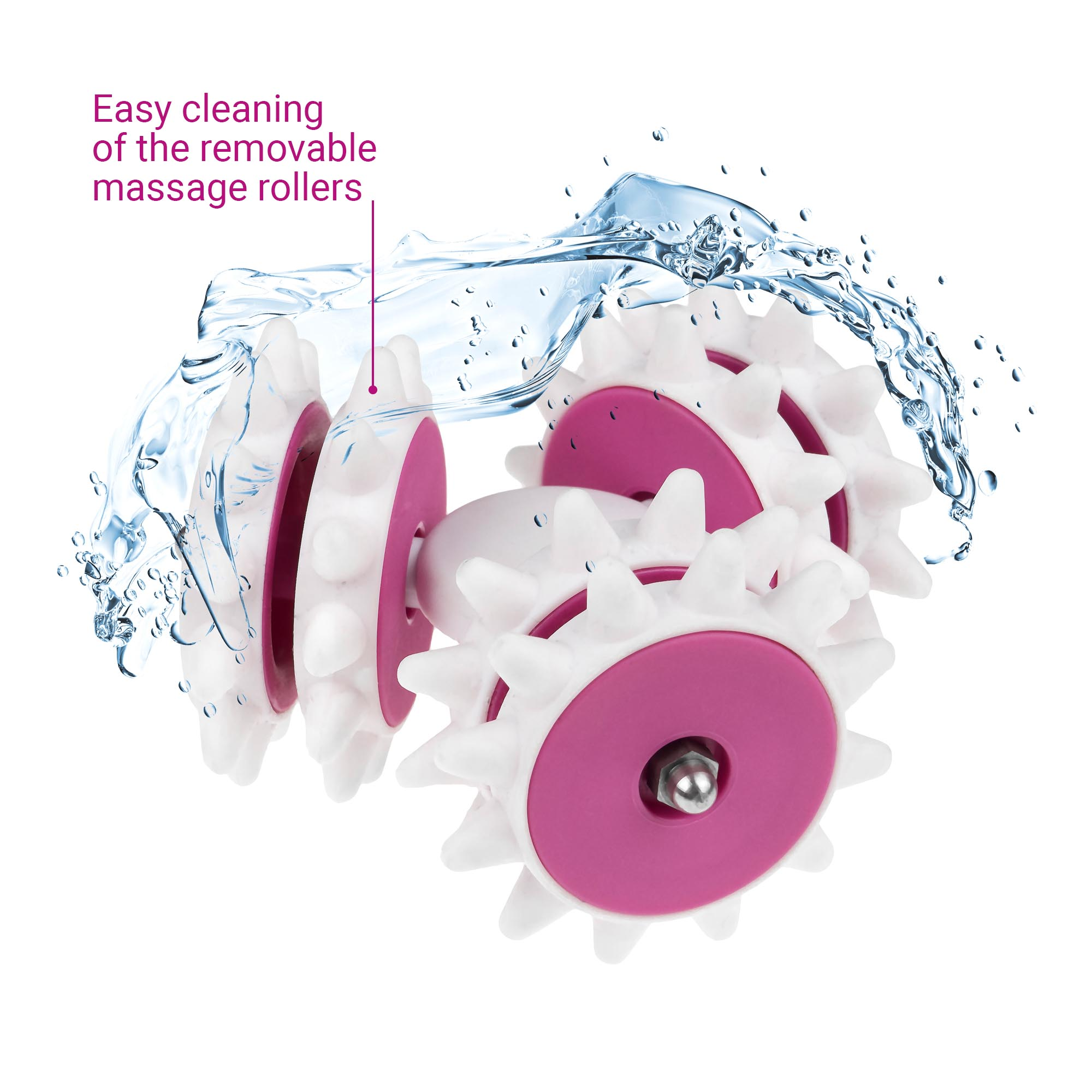 White and pink massage roller with water splash. Text says 'Easy cleaning of the removable massage rollers'.