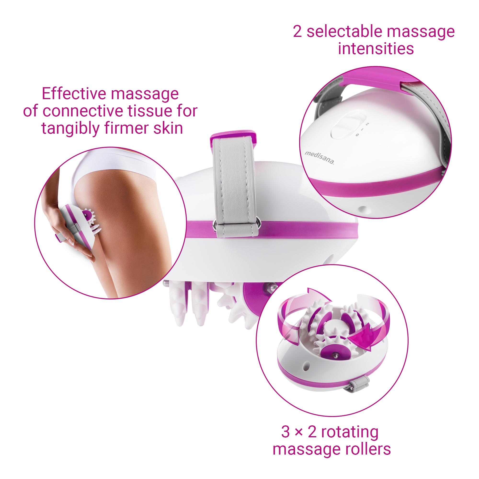 Massage device with multiple rollers and a handle. Close-up shots show the device in use and its features.
