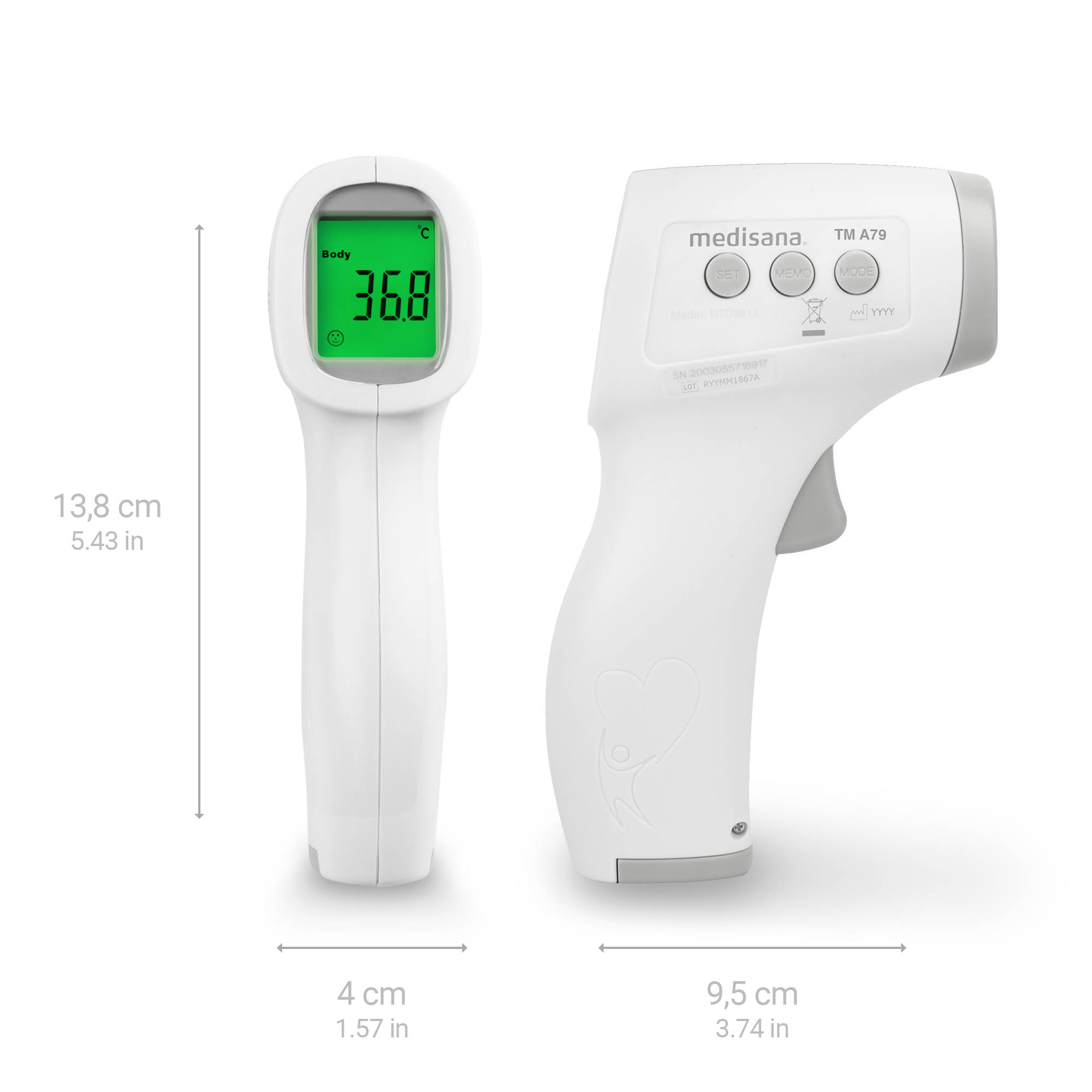 A white, handheld digital thermometer showing a temperature of 36.8 degrees Celsius.