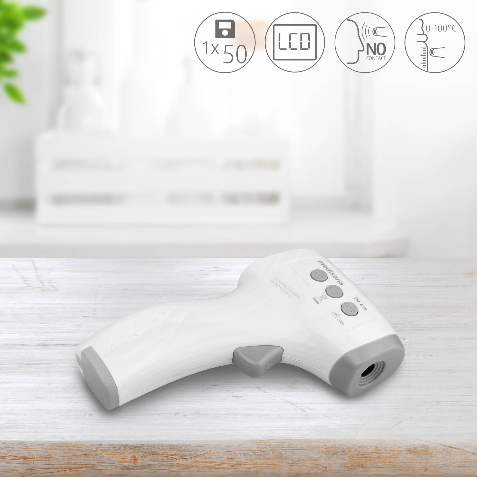 White and grey thermometer on a wooden table. Icons and a white background are present.