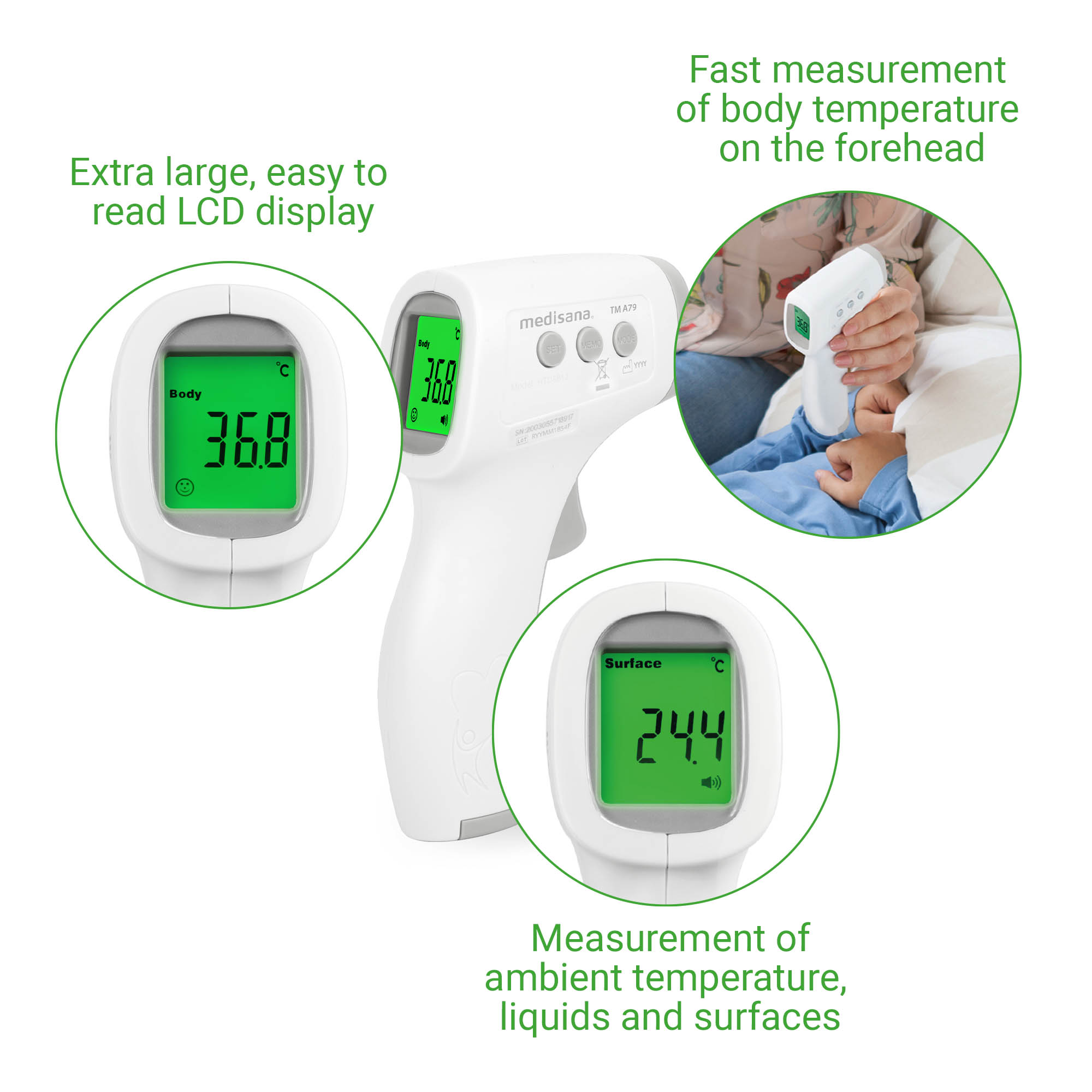Thermometer displaying 36.8°C and 24.4°C, measuring body and surface temps.