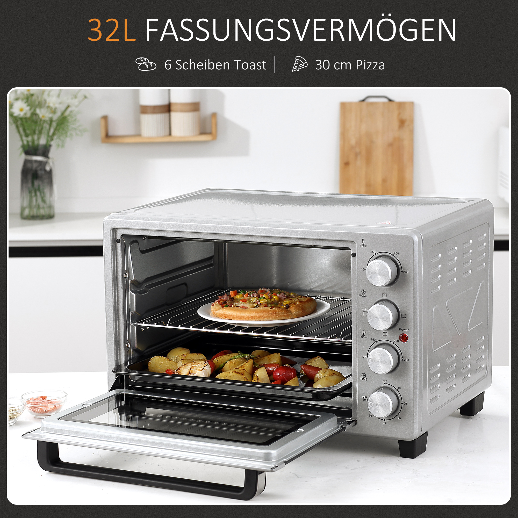 Silberner Ofen mit Pizza und Kartoffeln. Bedienelemente rechts. Weißer Hintergrund.