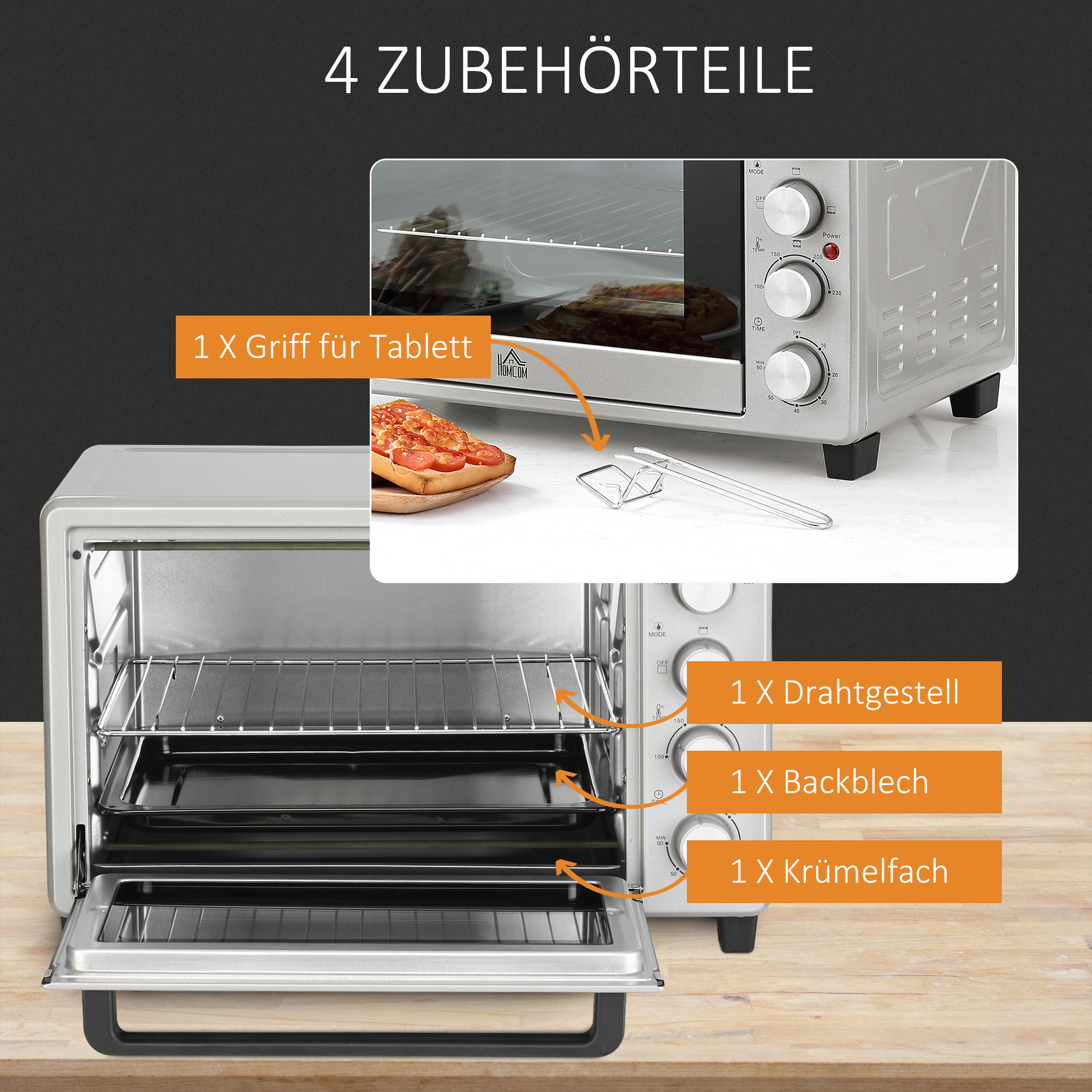 Silberner Toaster-Ofen mit Zubehör. Der Ofen ist geöffnet und zeigt Gestelle und ein Tablett.