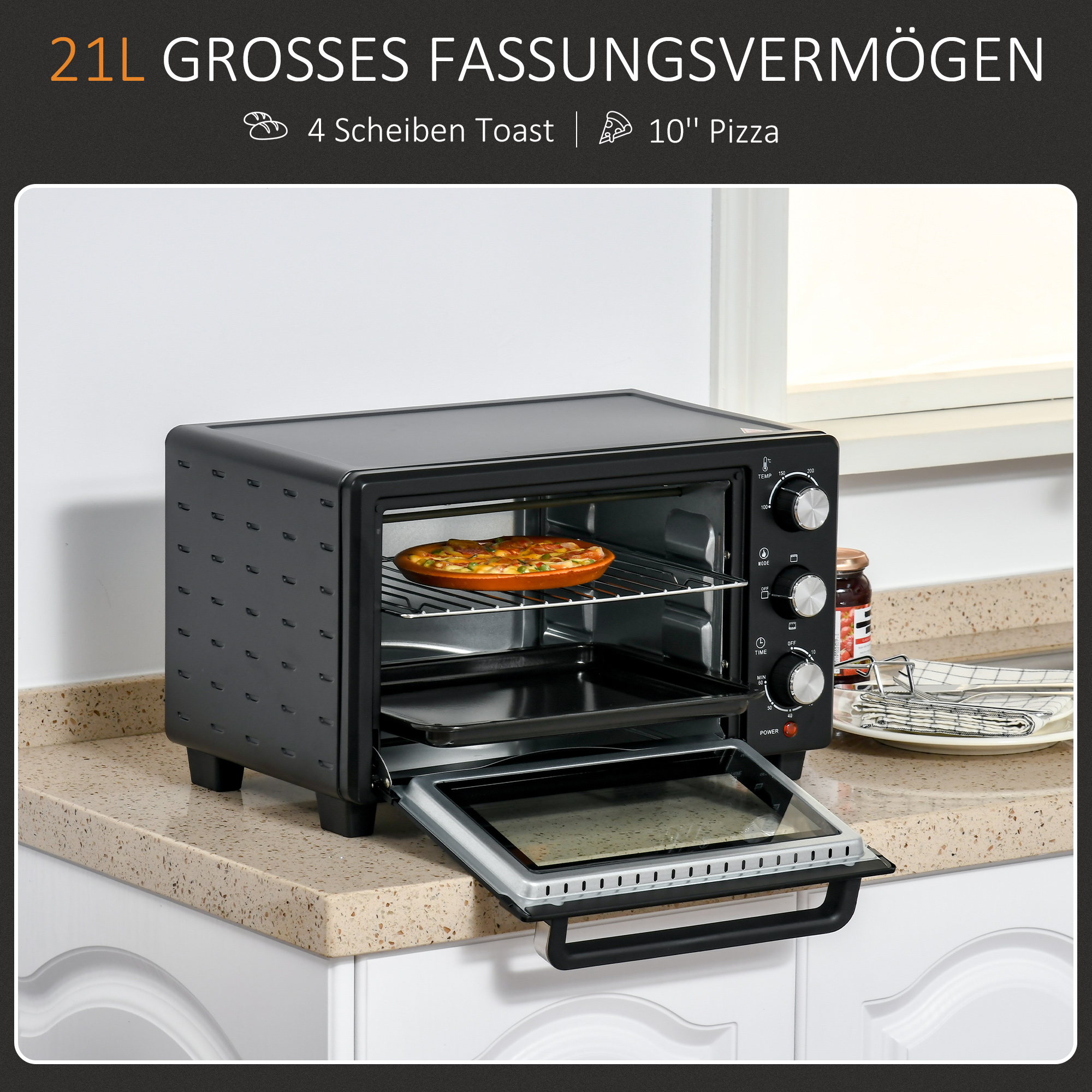 Schwarzer Ofen mit Pizza, Tür offen, auf der Arbeitsplatte. Text: 21L Fassungsvermögen.