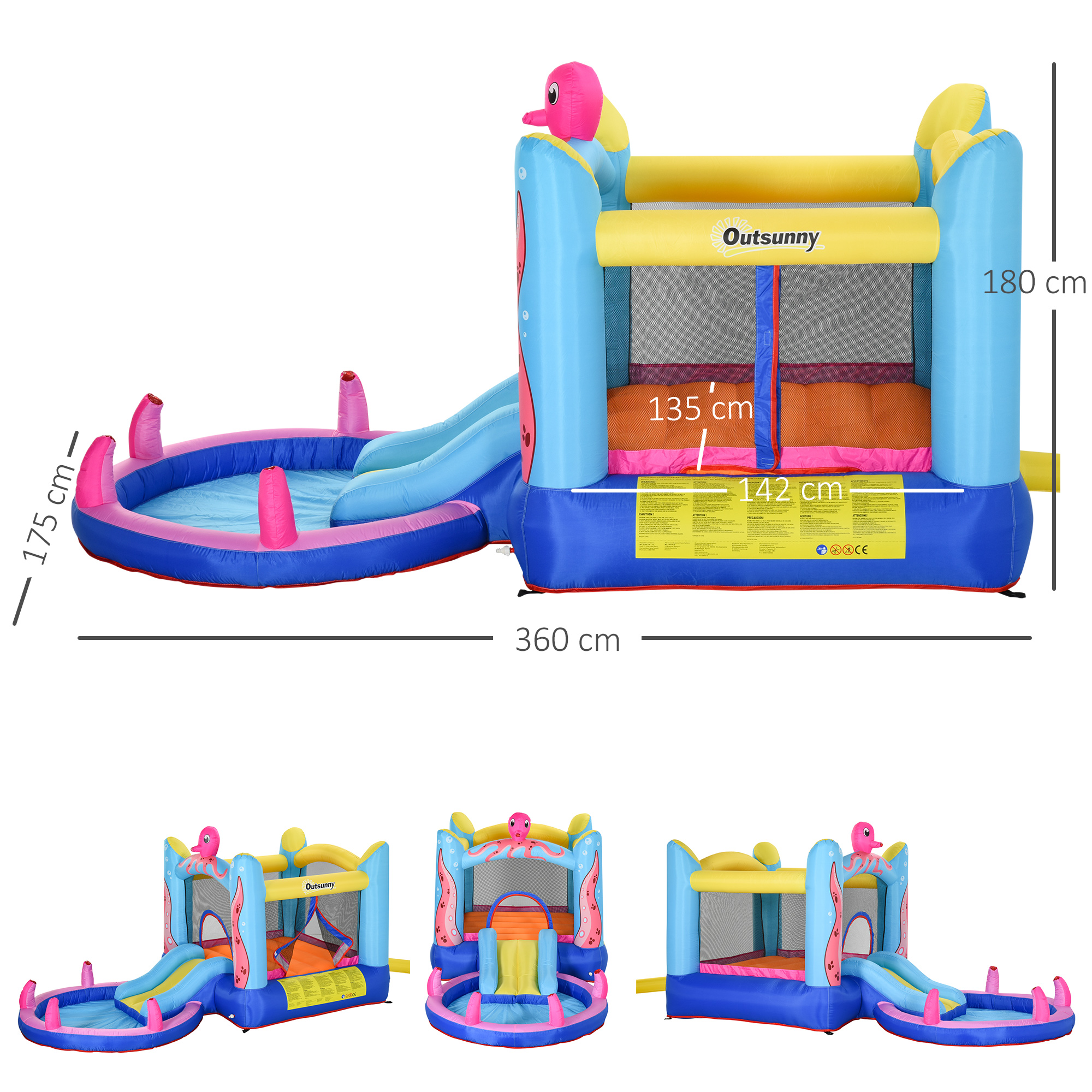 Un castillo hinchable inflable con tema de pulpo con tobogán, piscina y dimensiones. No incluye soplador.