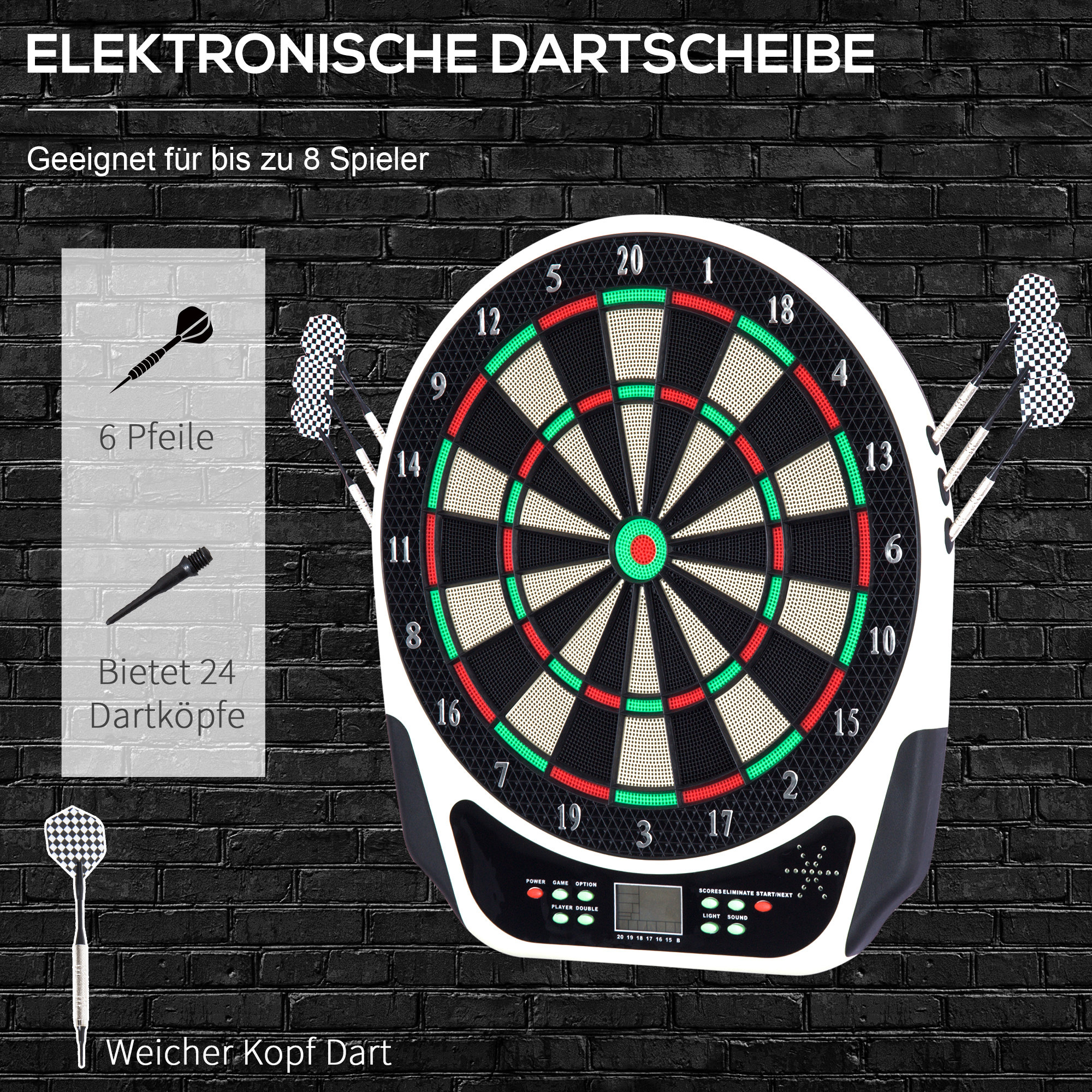 Elektronische Dartscheibe mit Darts, Display und schwarzem Ziegelhintergrund.