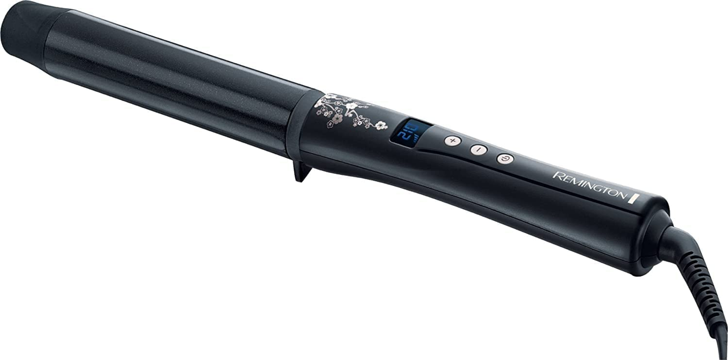 Arricciacapelli Remington nero con display digitale e dettagli floreali.