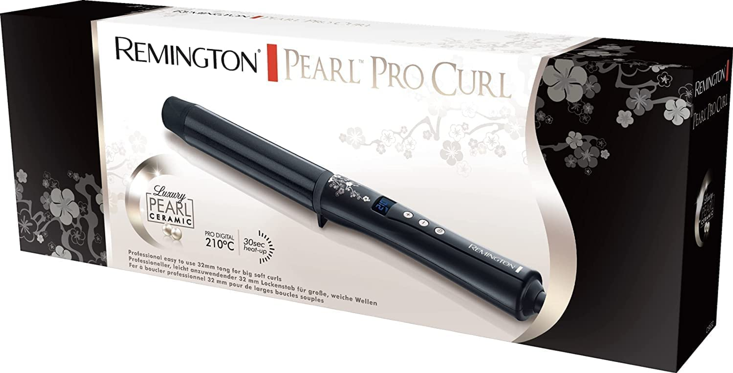 Scatola Remington Pearl Pro Curl con arricciacapelli all'interno su sfondo bianco.