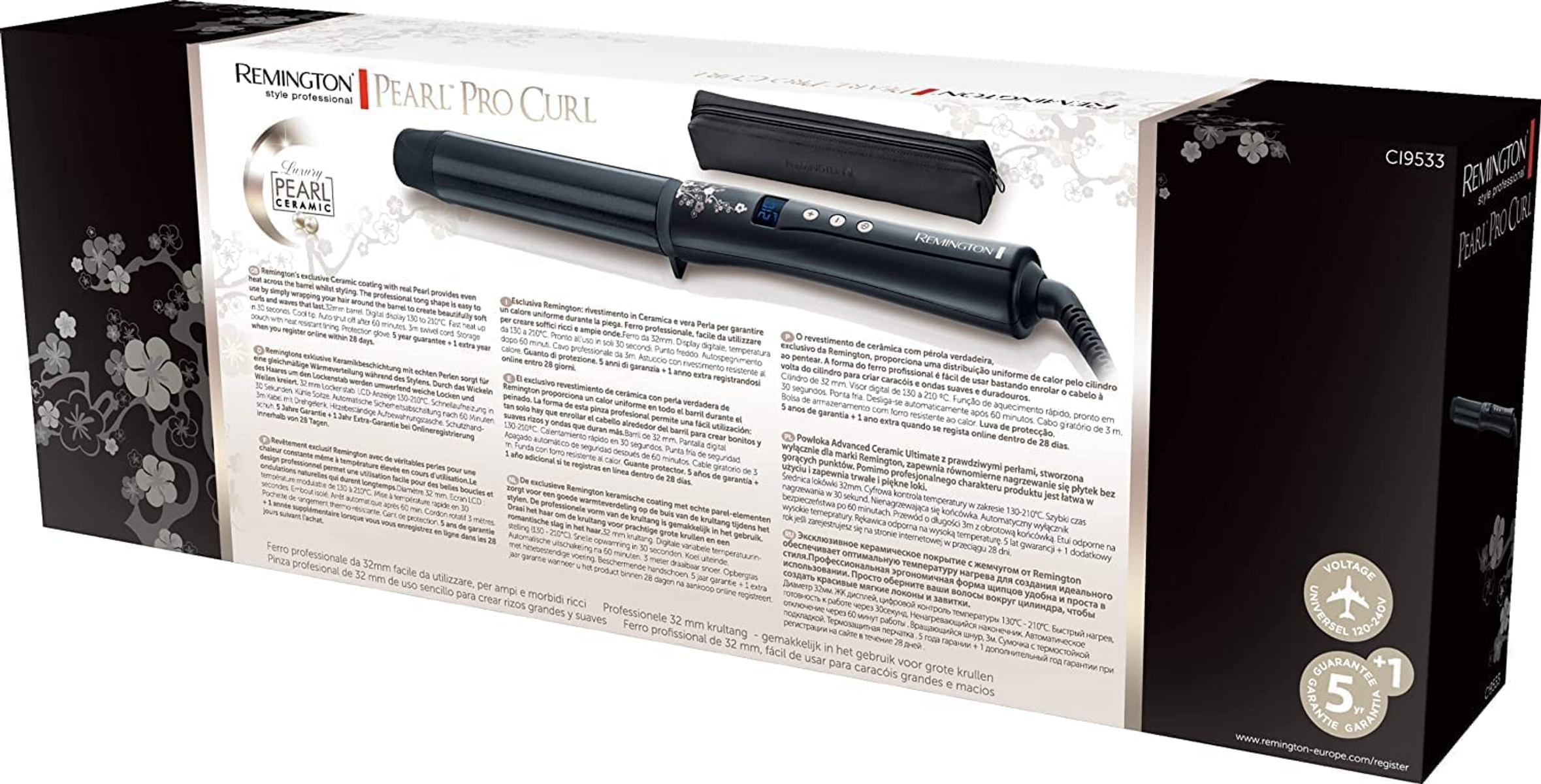 Scatola dell'arricciacapelli Remington Pearl Pro Curl. La scatola ha immagini, testo e informazioni.