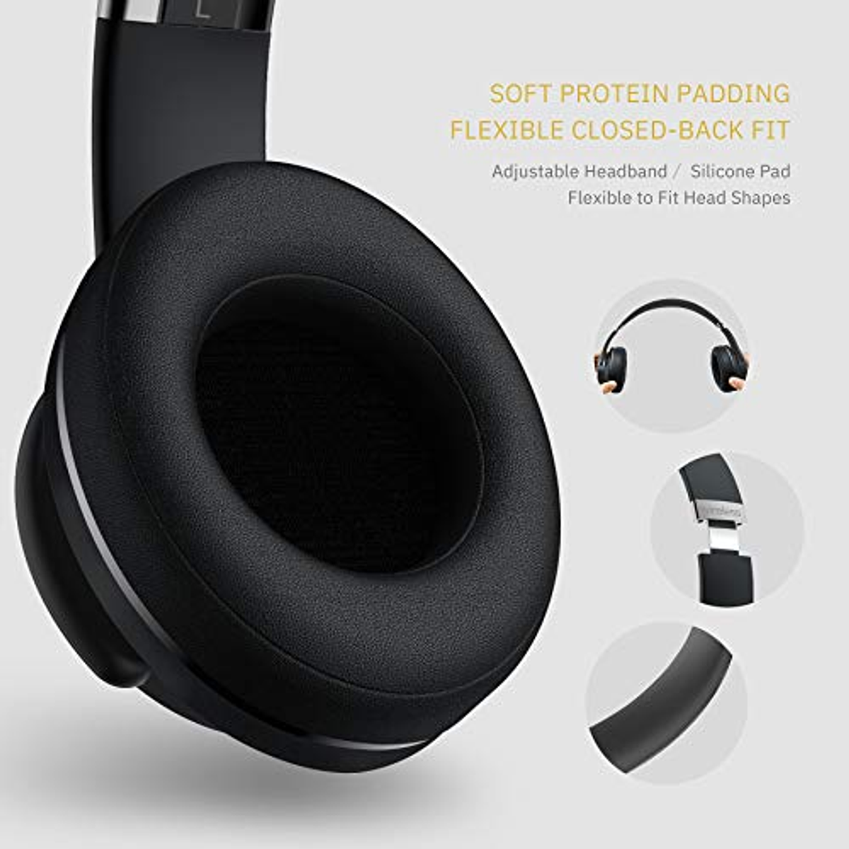Auriculares negros con acolchado de proteína suave. Texto: 'ACOLCHADO PROTEÍNA SUAVE AJUSTE CERRADO'.