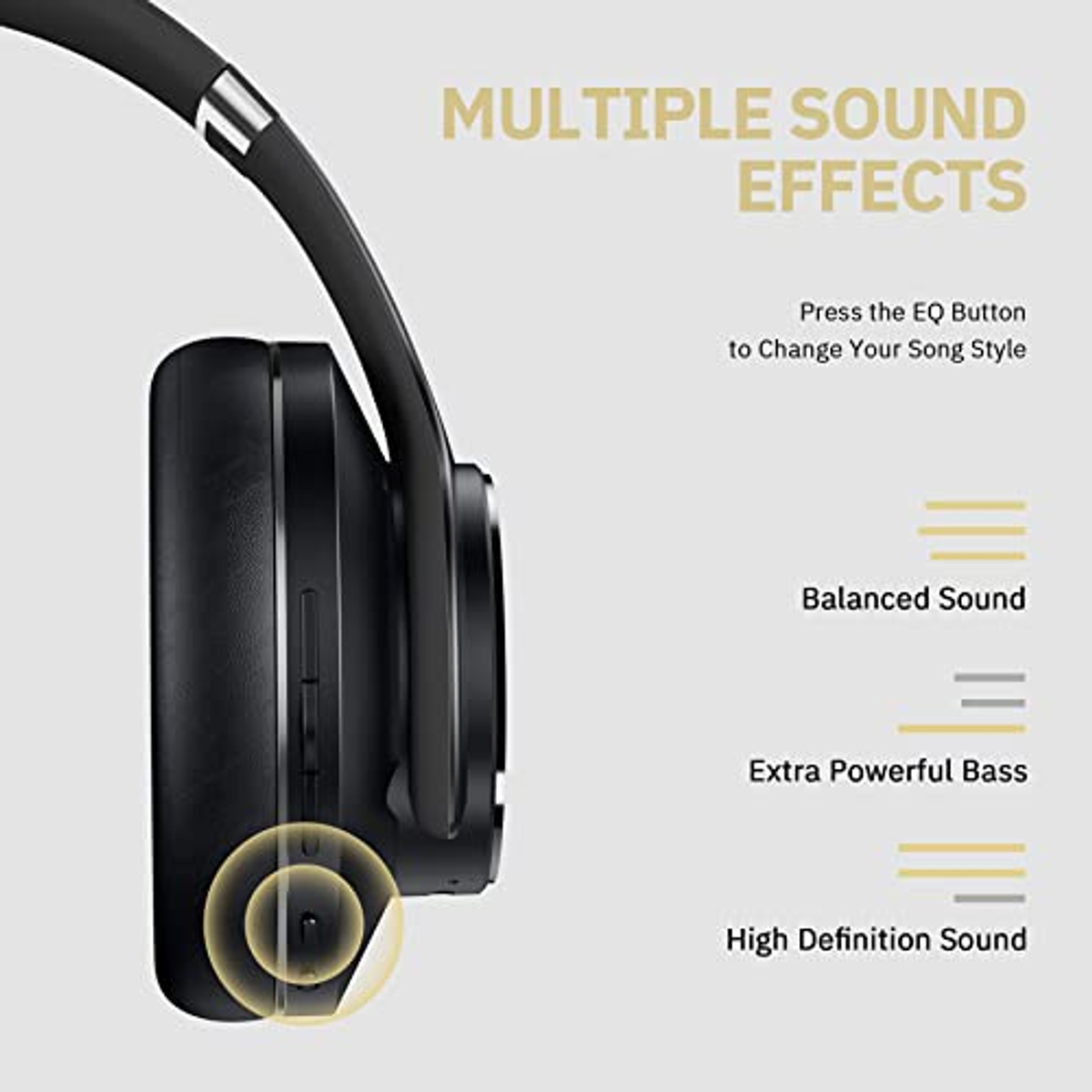 Auriculares negros con texto sobre efectos de sonido: Equilibrado, Graves extra potentes y Sonido de alta definición.