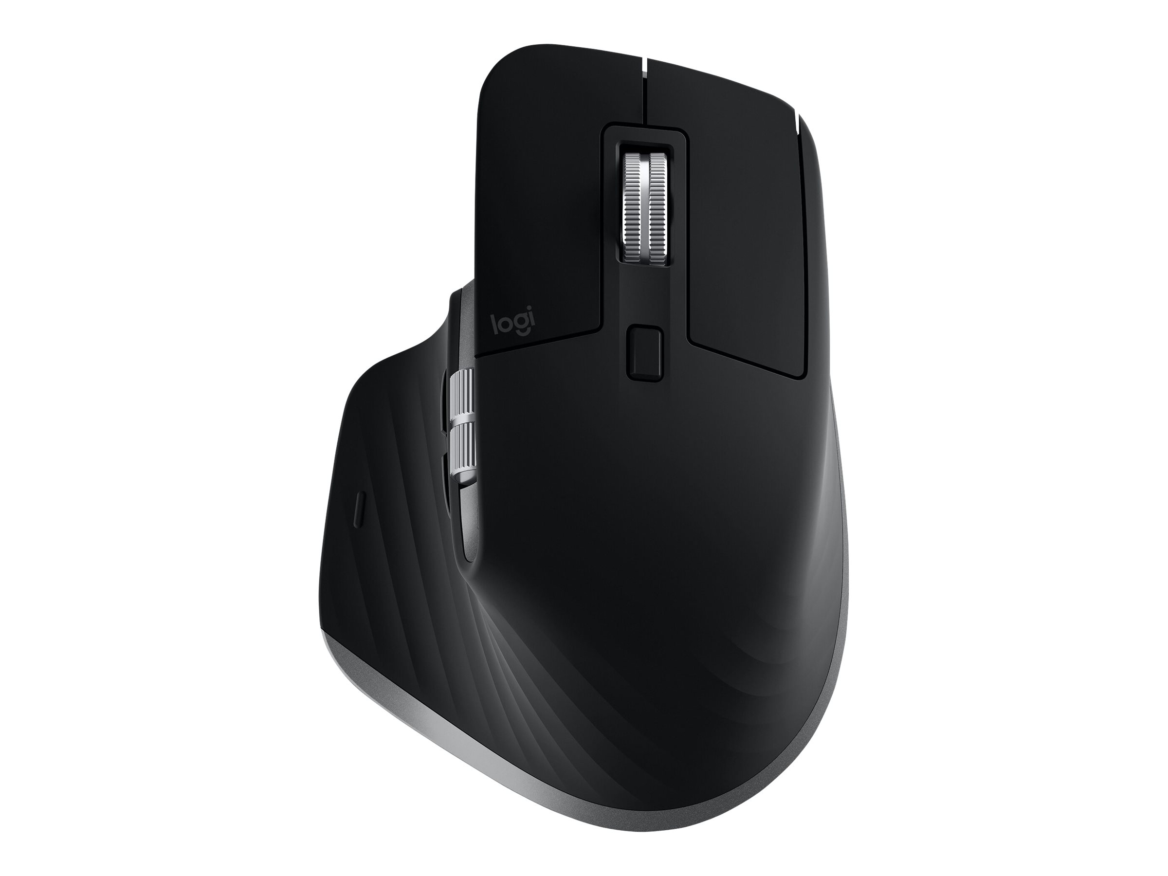 Mouse ergonomico nero con dettagli argentati.