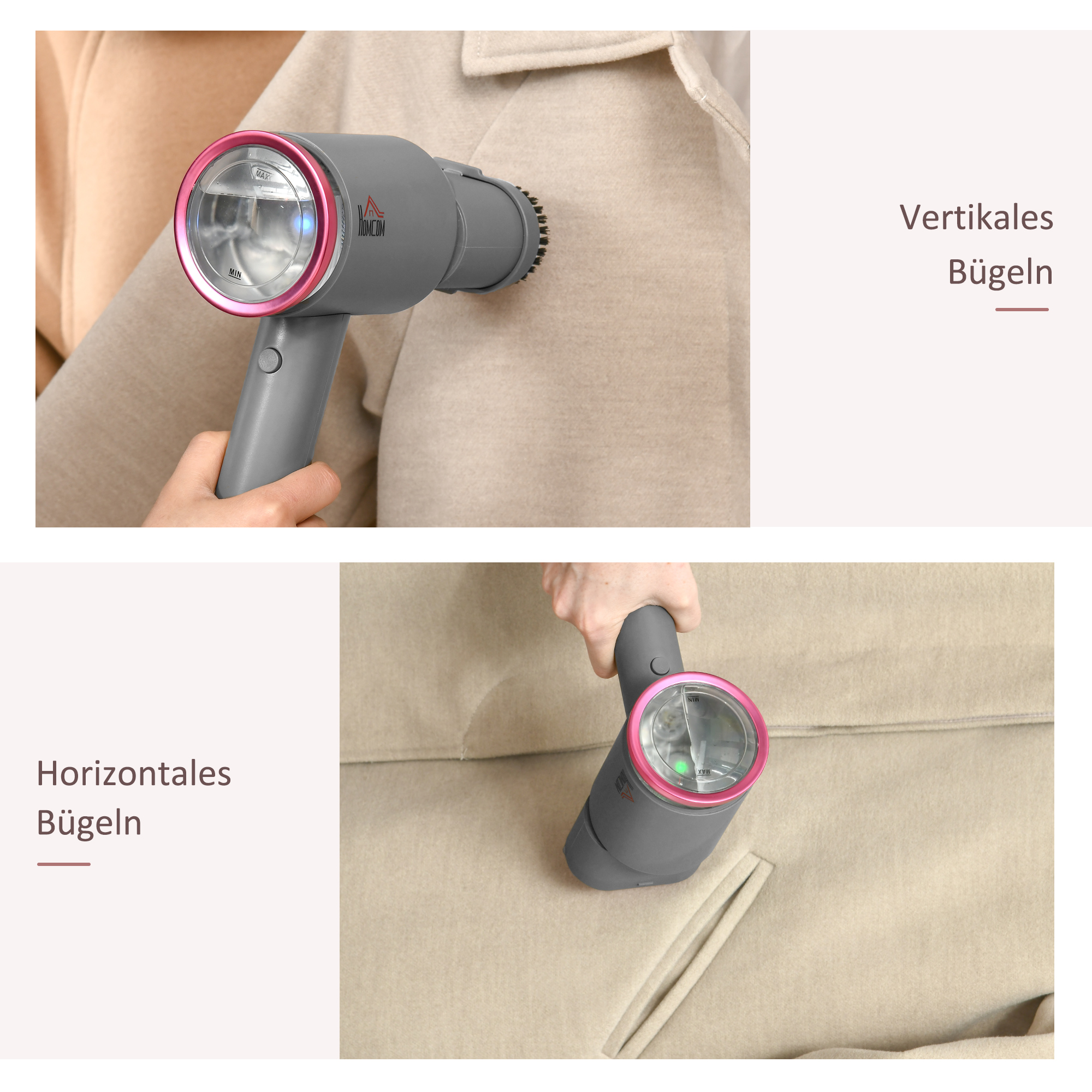 Zwei Bilder, die einen grauen Handdampfgarer zeigen, der vertikal und horizontal auf einem beigen Mantel verwendet wird.