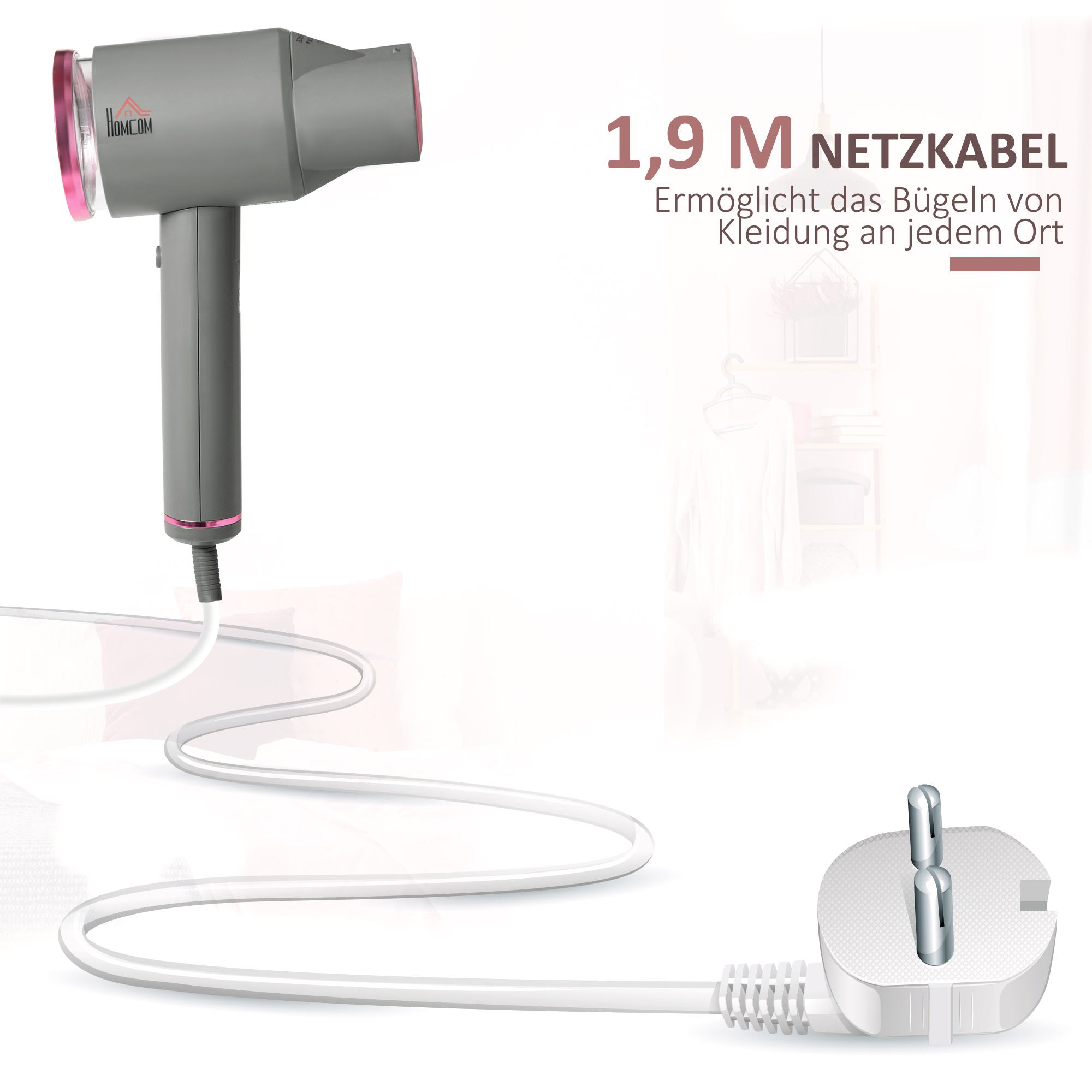 Bild eines grauen Handdampfers mit einem weißen Kabel, das in eine Steckdose gesteckt ist, vor einem verschwommenen Hintergrund.
