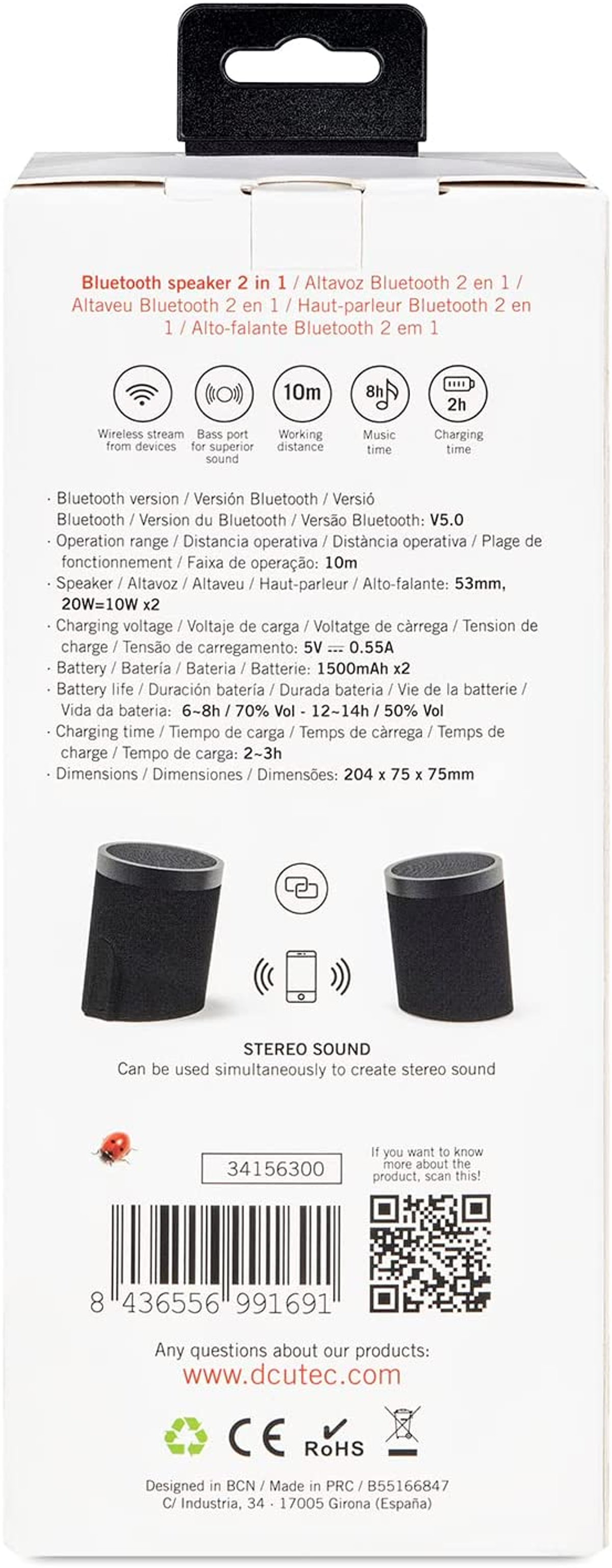 Embalaje de altavoz Bluetooth con detalles del producto y especificaciones. Se ven altavoces negros.