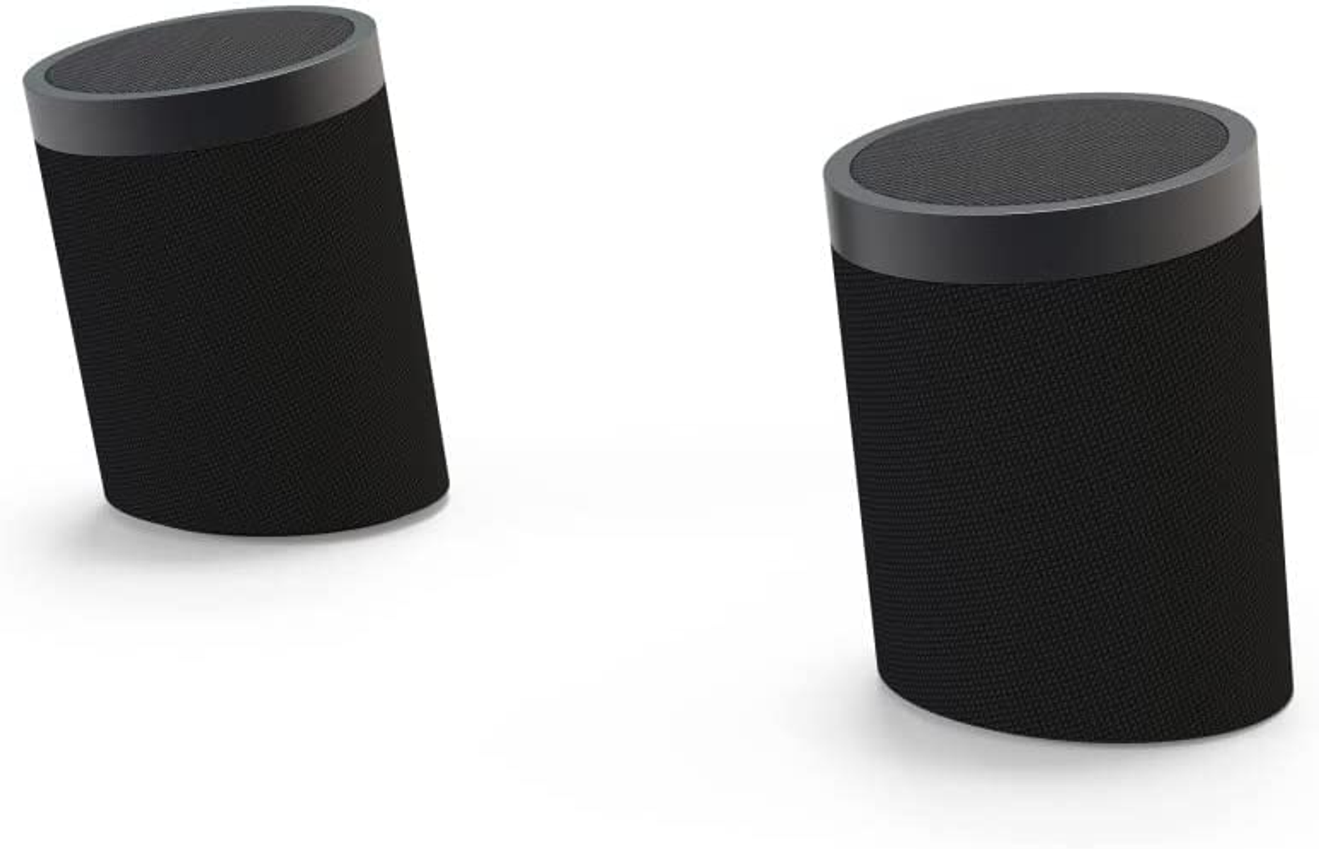 Dos altavoces cilíndricos negros sobre fondo blanco. Cada uno tiene un anillo superior gris oscuro.
