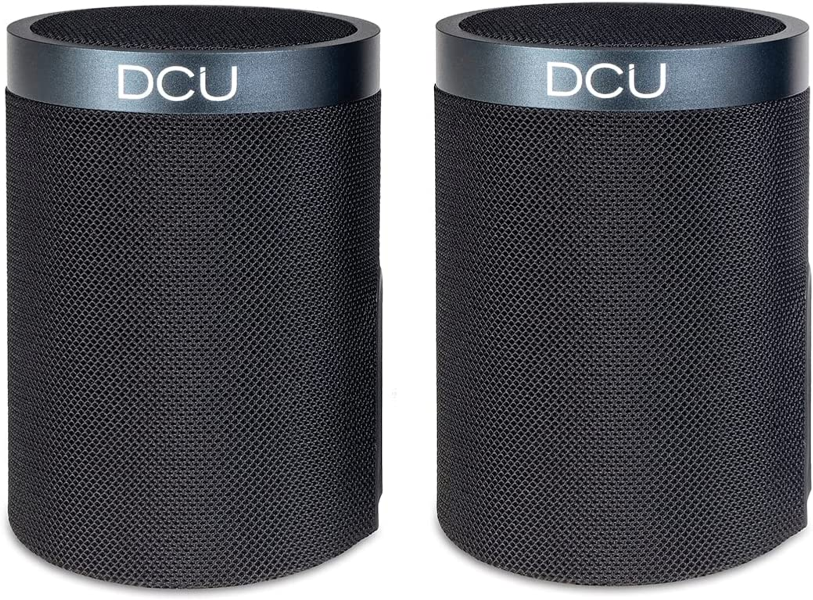 Dos rejillas de altavoz cilíndricas negras con 'DCU' impreso en el borde superior.