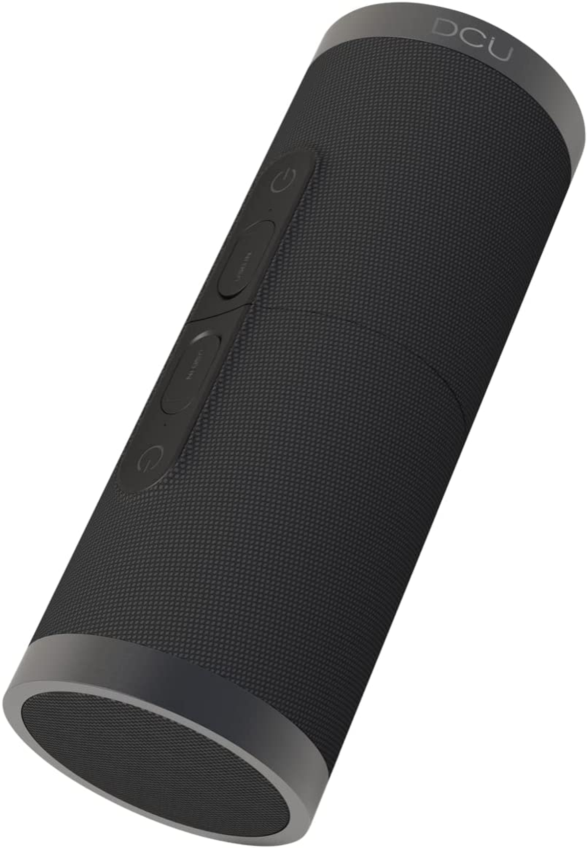 Altavoz DCU cilíndrico negro con botones de encendido y volumen.