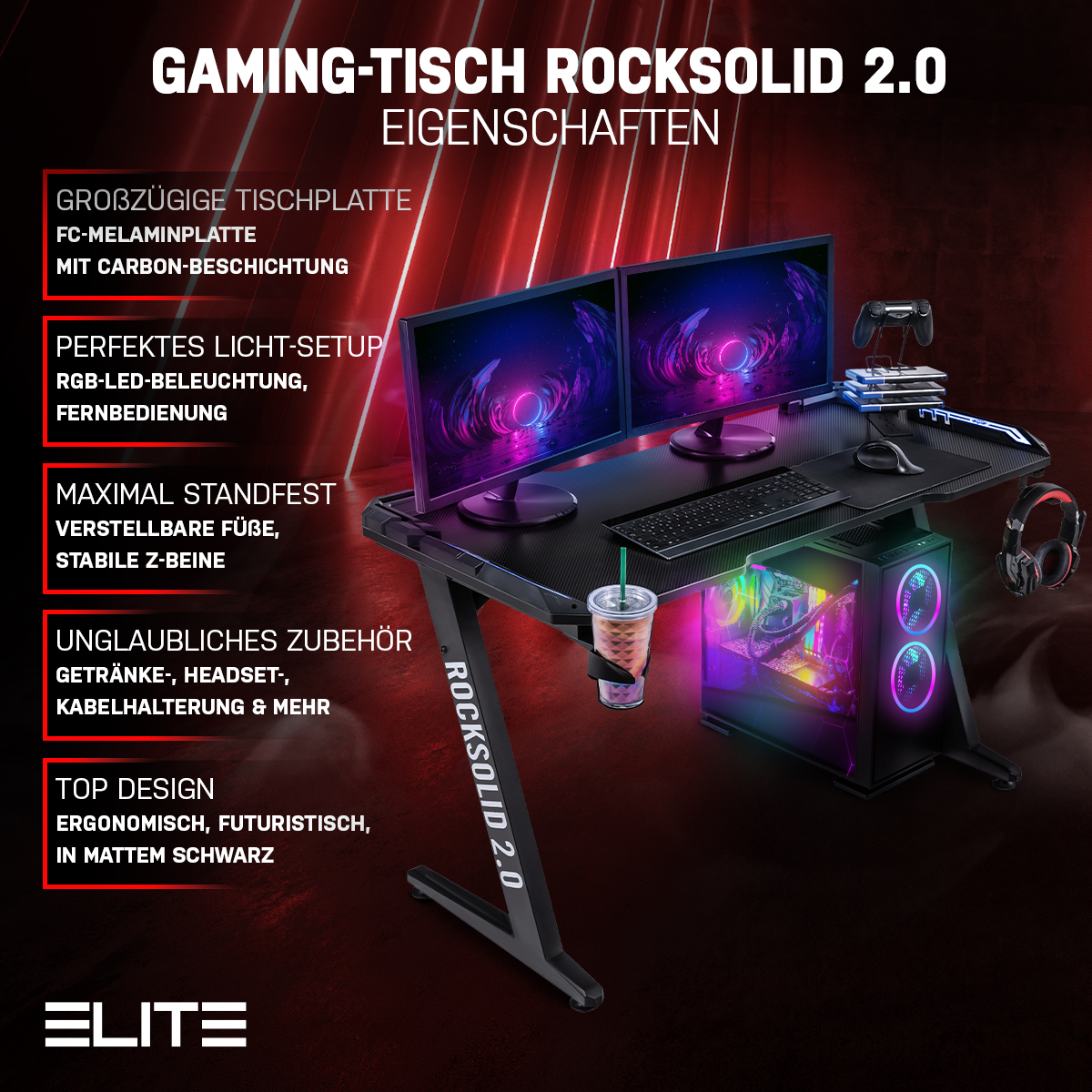 ELITE Rocksolid RGB-Beine Infinity 2.0 Gamingtisch