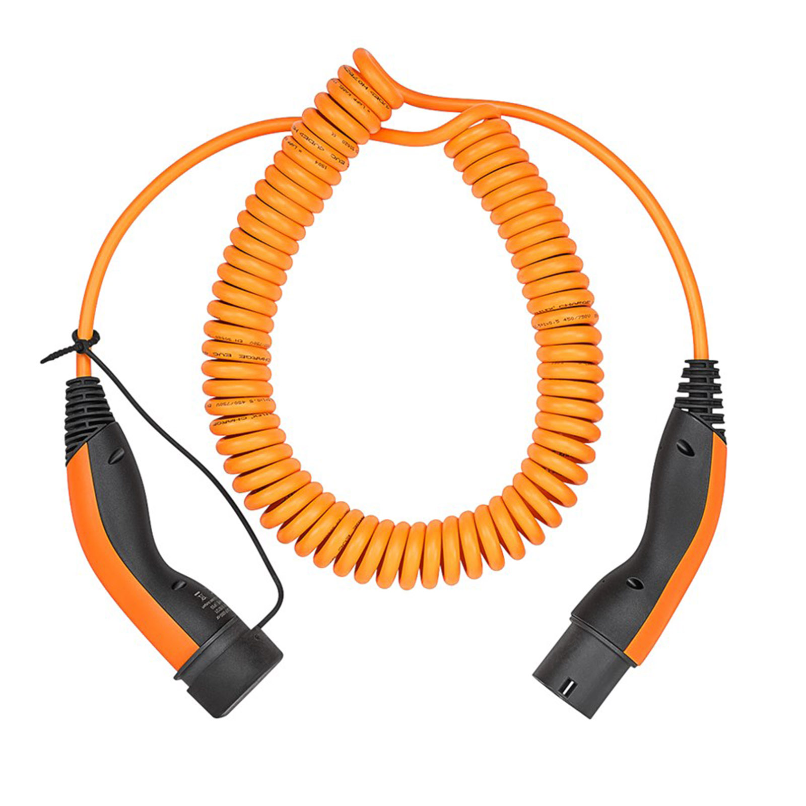 Oranges, spiralförmiges Ladekabel mit schwarzen Steckern für Elektrofahrzeuge.
