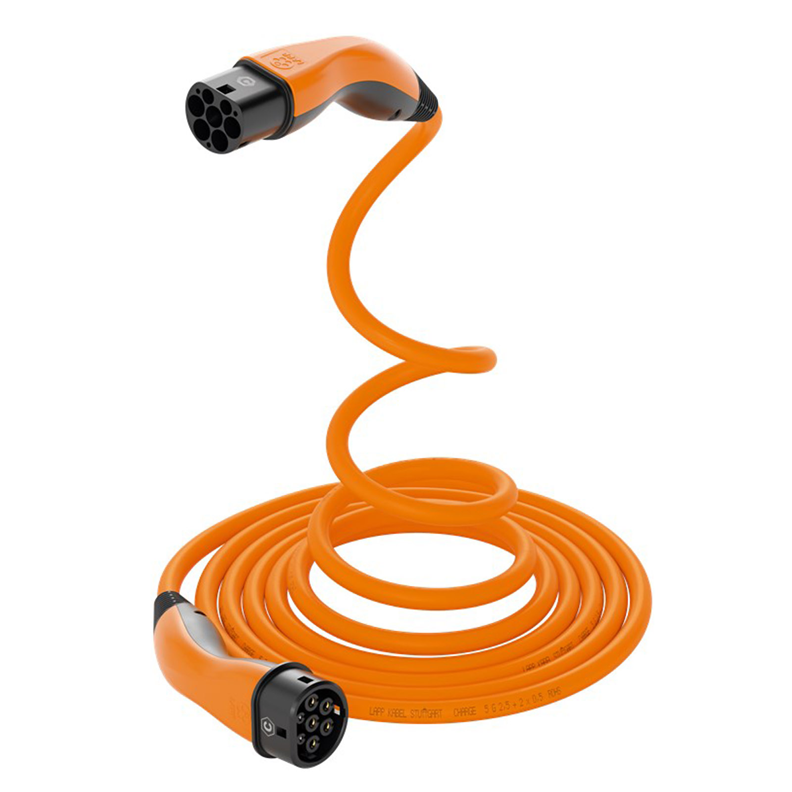 Oranges Ladekabel, aufgerollt. Zwei Anschlüsse an den Enden, weißer Hintergrund.