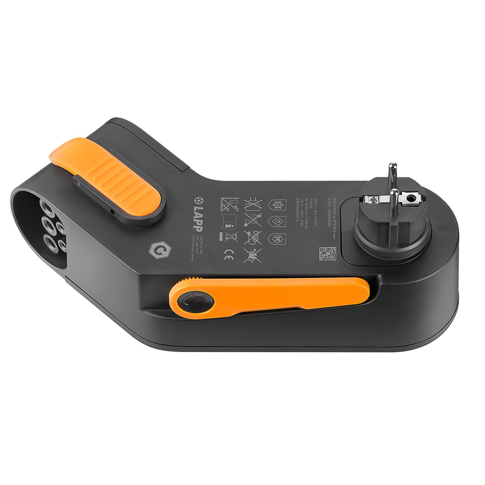 Ein schwarzer Netzadapter mit orangefarbenen Hebeln, einem Stecker und mehreren Steckdosen.