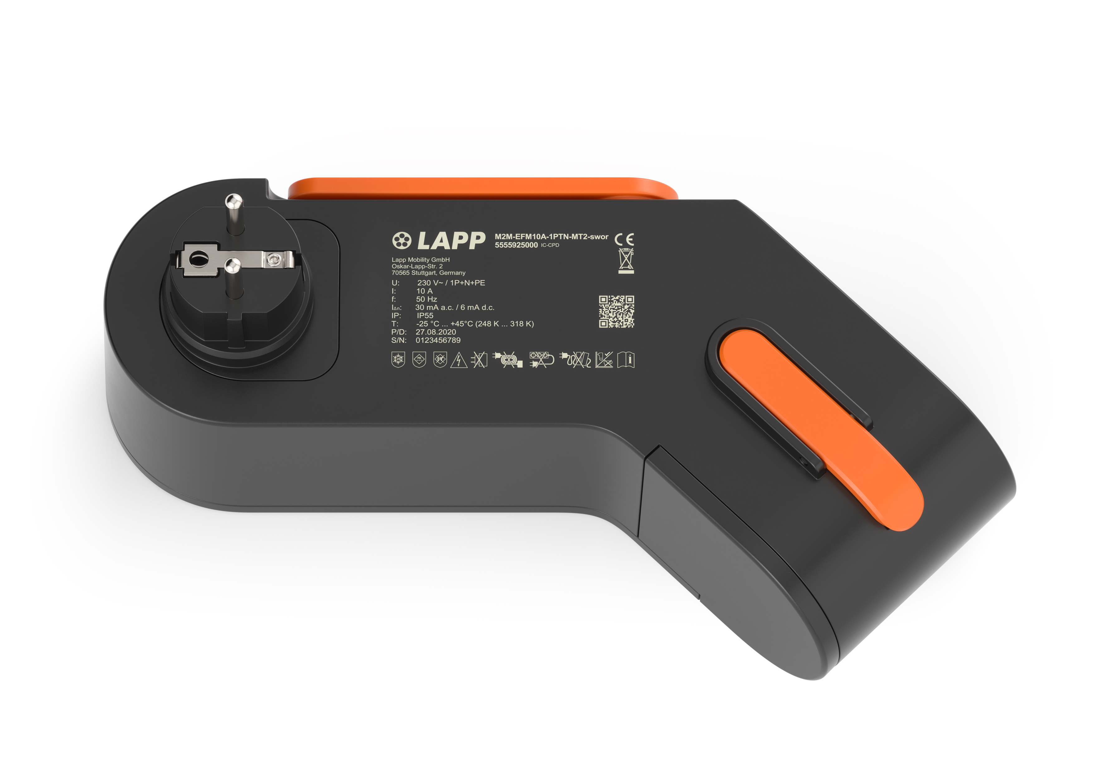 Schwarzes und oranges LAPP-Gerät. Zeigt Stecker, Oberfläche mit Etiketten und orangefarbenen Akzenten.