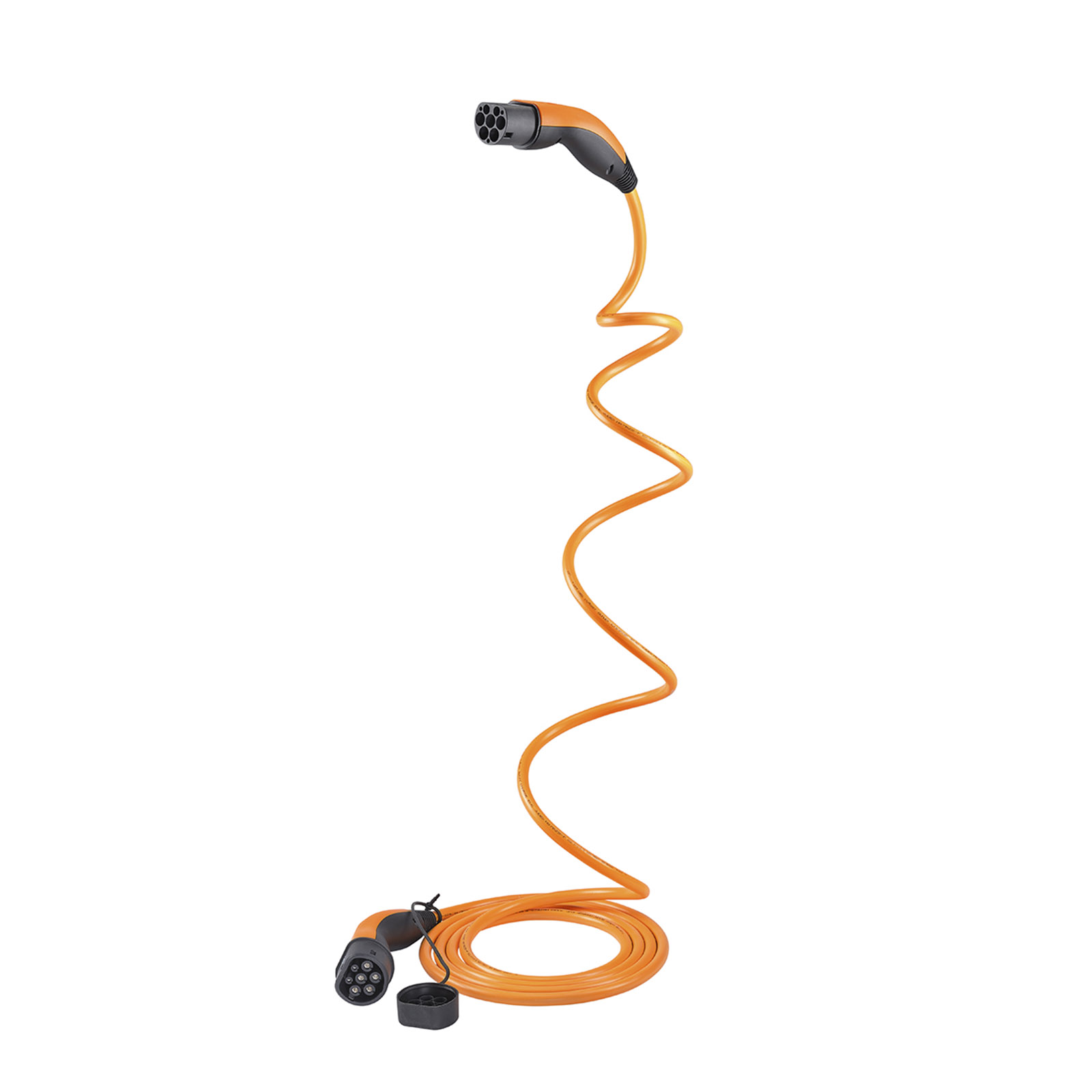 Oranges Ladekabel für Elektrofahrzeuge, mit Steckern an beiden Enden.