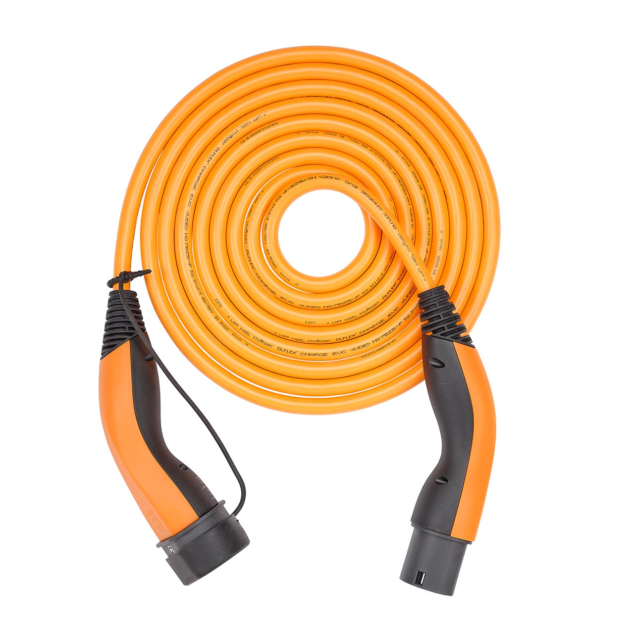Cavo di ricarica arancione per veicoli elettrici con connettori.
