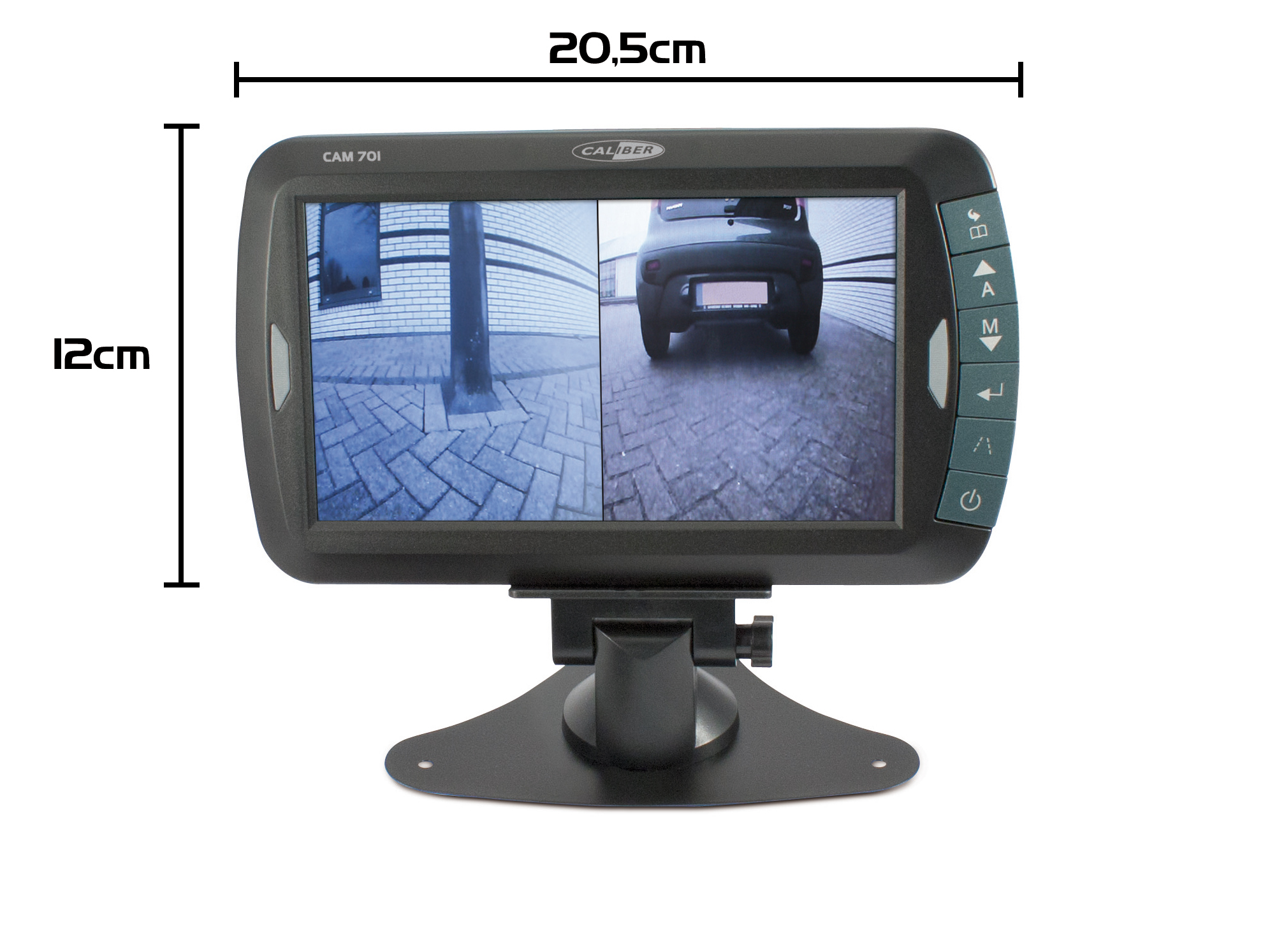 Ein Rückfahrkamera-Monitor, der zwei Ansichten eines Autos und der Umgebung zeigt.
