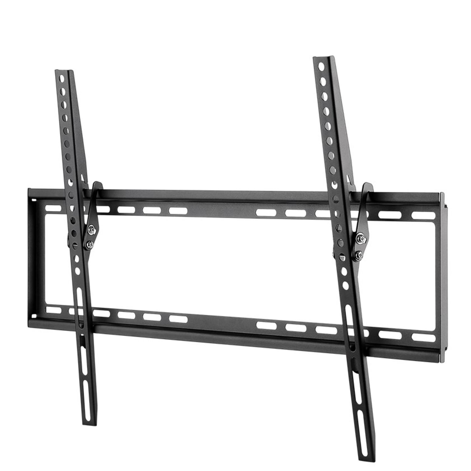 Schwarze TV-Halterung für Wandmontage. Inklusive Montagehalterungen. Die Halterung vor weißem Hintergrund.