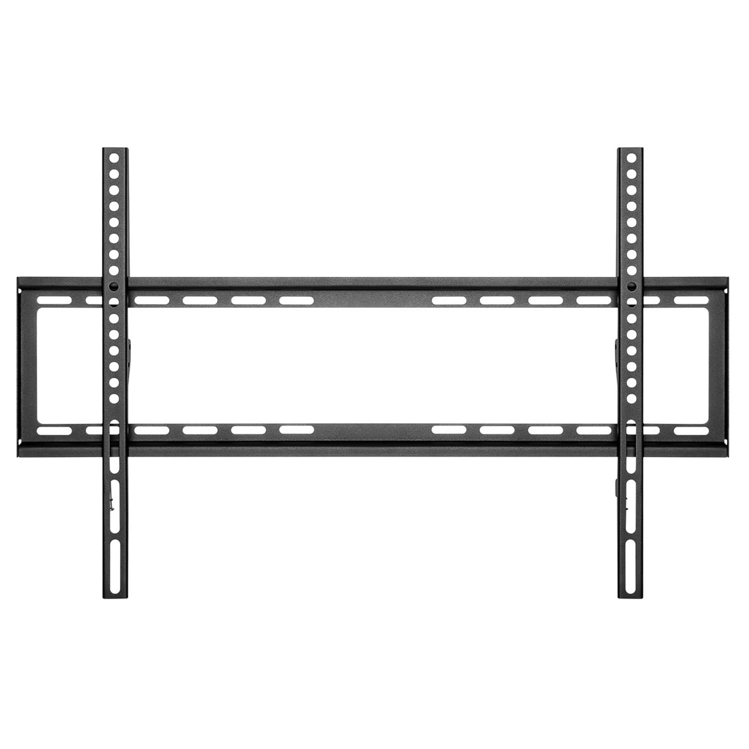 Schwarze TV-Halterung aus Metall. Zwei vertikale Stützen mit Löchern, horizontaler Balken.