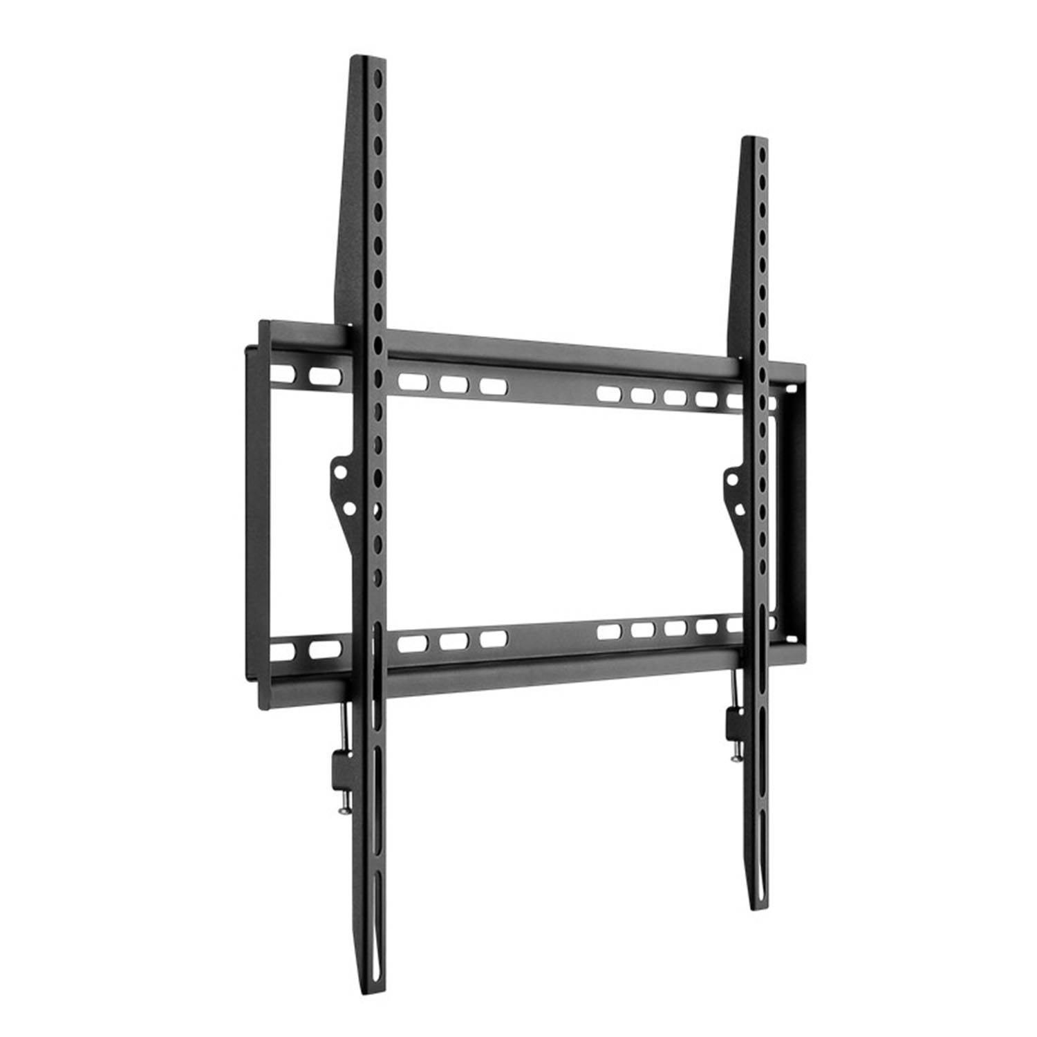 Schwarze TV-Halterung aus Metall für Wandmontage, mit zwei vertikalen Schienen.