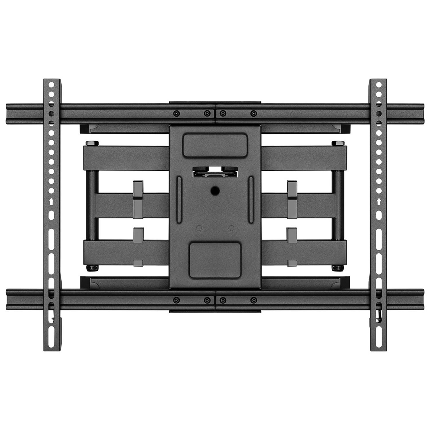 Eine schwarze TV-Wandhalterung mit verschiedenen Befestigungspunkten und verstellbaren Halterungen für die sichere TV-Platzierung.