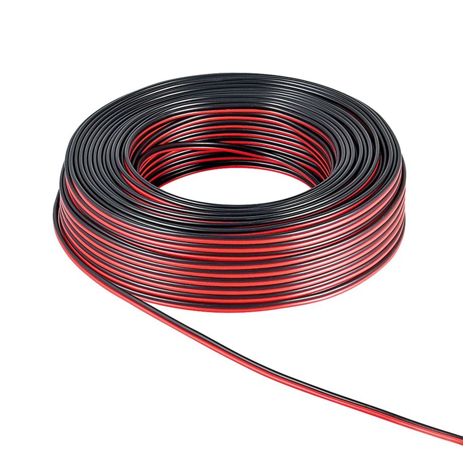 Filo elettrico rosso e nero arrotolato. Sfondo bianco.