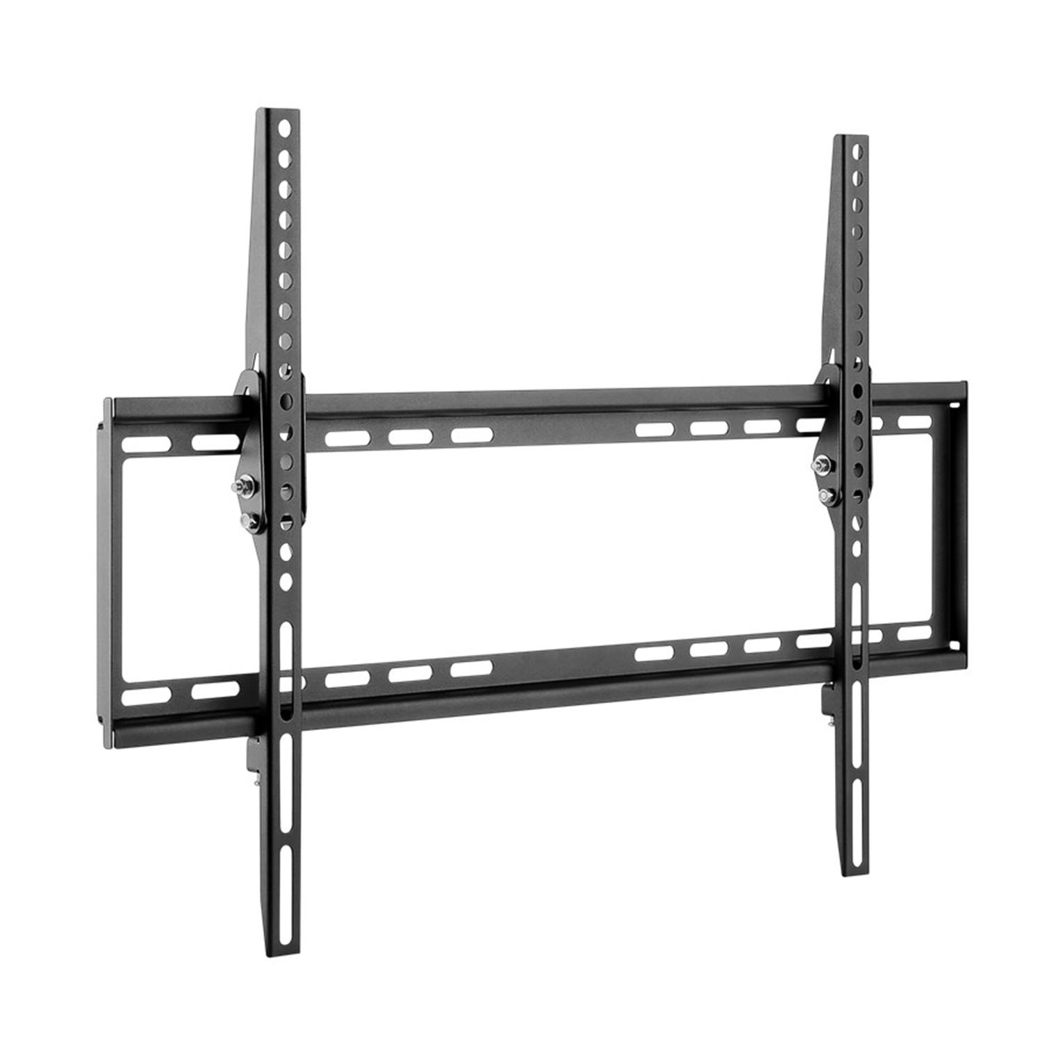 Schwarze TV-Halterung mit Metallrahmen und Befestigungslöchern.