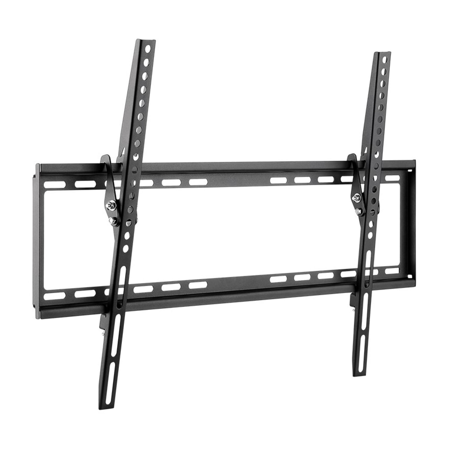 Schwarze TV-Wandhalterung mit zwei vertikalen Armen und einer horizontalen Stütze.