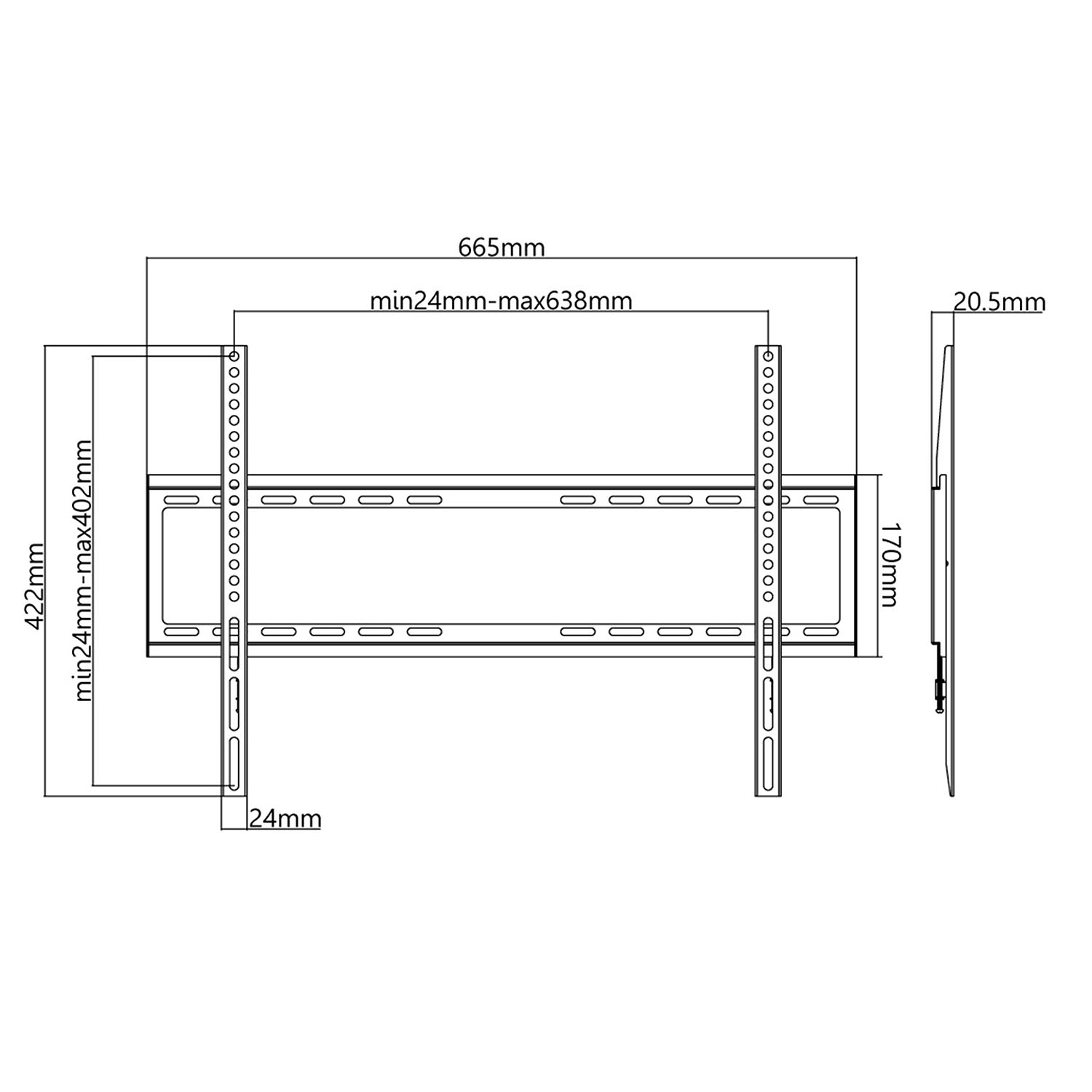Diagramm einer TV-Halterung mit Messungen und Abmessungen in mm.