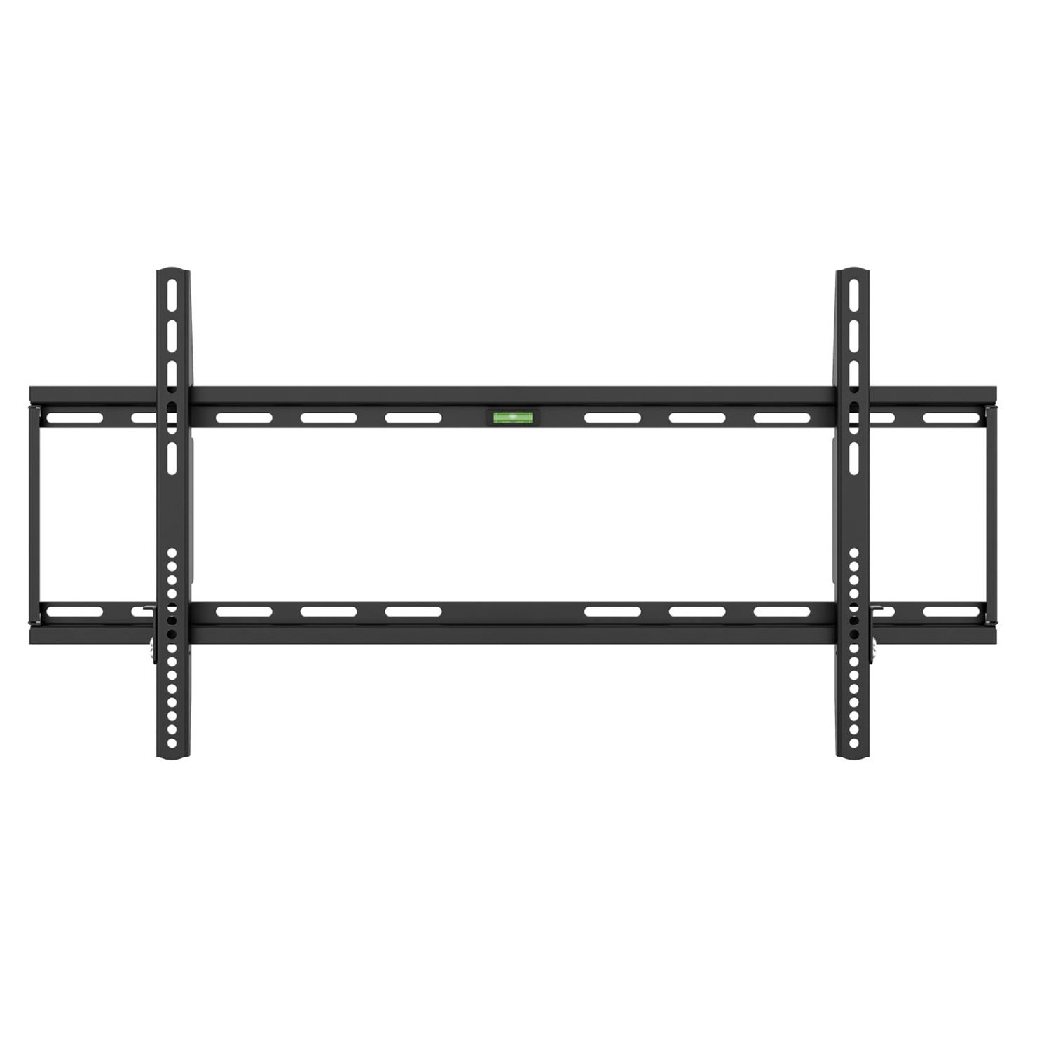 Schwarze TV-Wandhalterung mit horizontalen und vertikalen Stangen, mit Befestigungslöchern. Eine Wasserwaage ist zentriert.