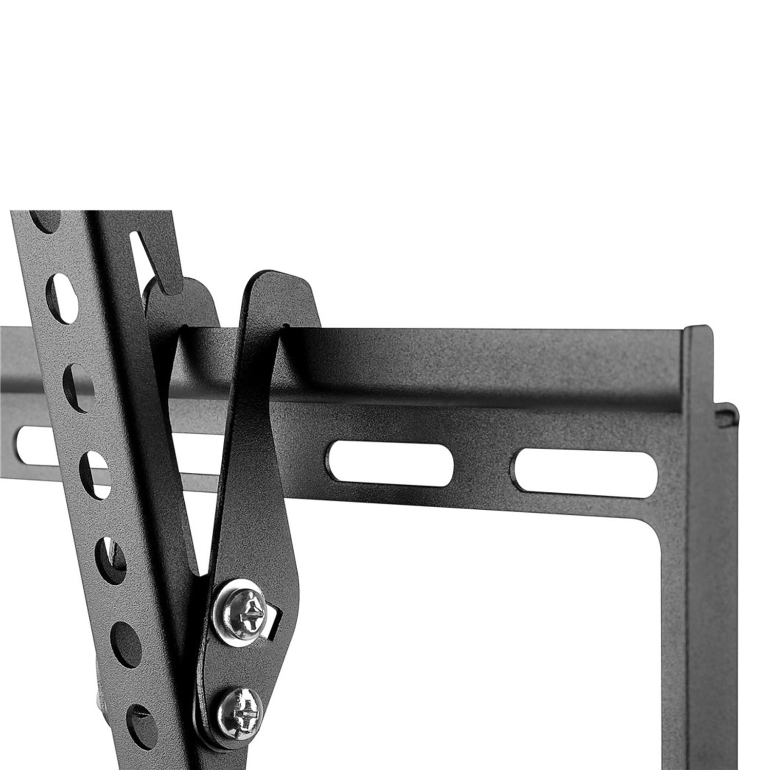 Eine schwarze Metallhalterung zur Montage, die eine Nahaufnahme ihrer Struktur zeigt.